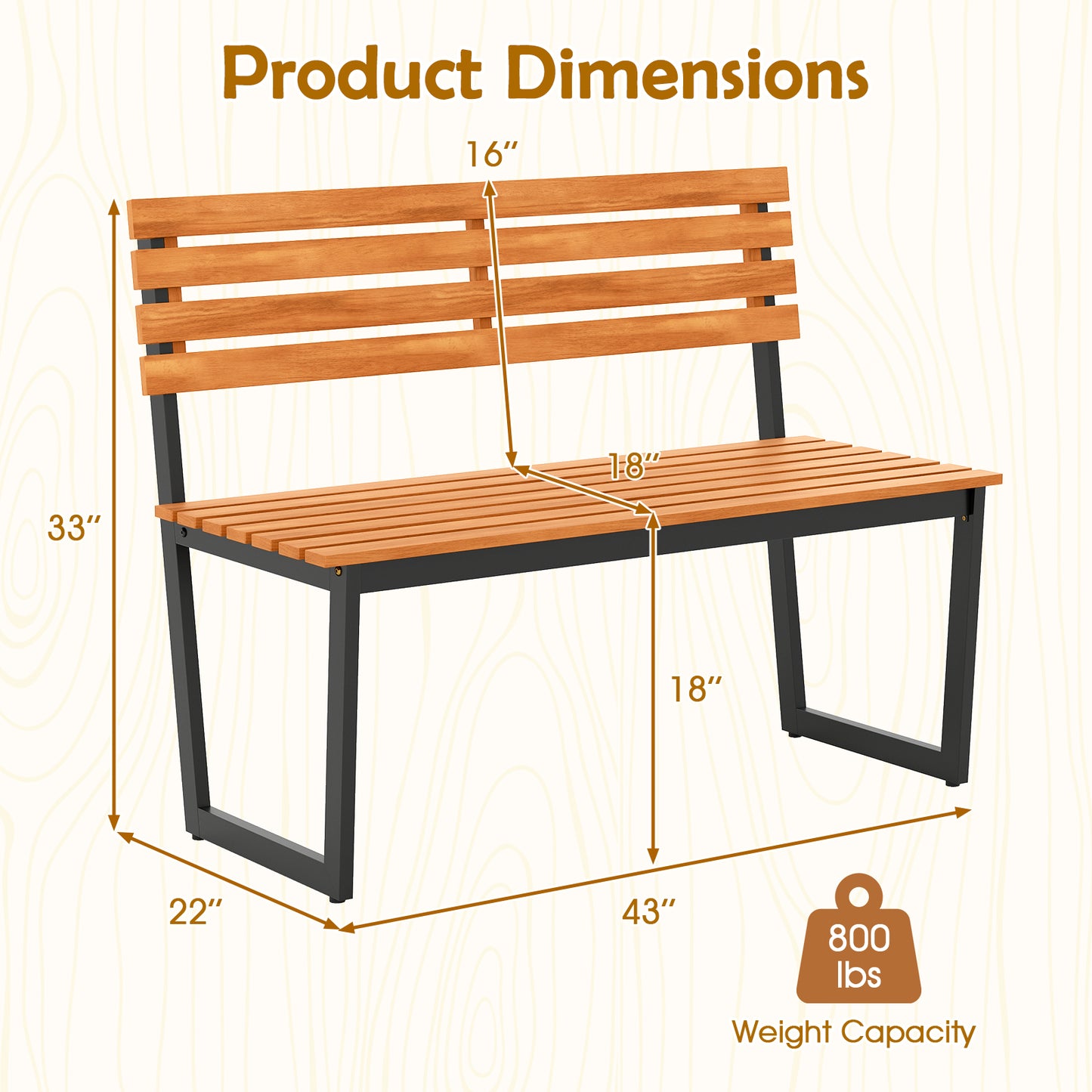 Acacia Wood Outdoor Bench with Backrest for 2 People
