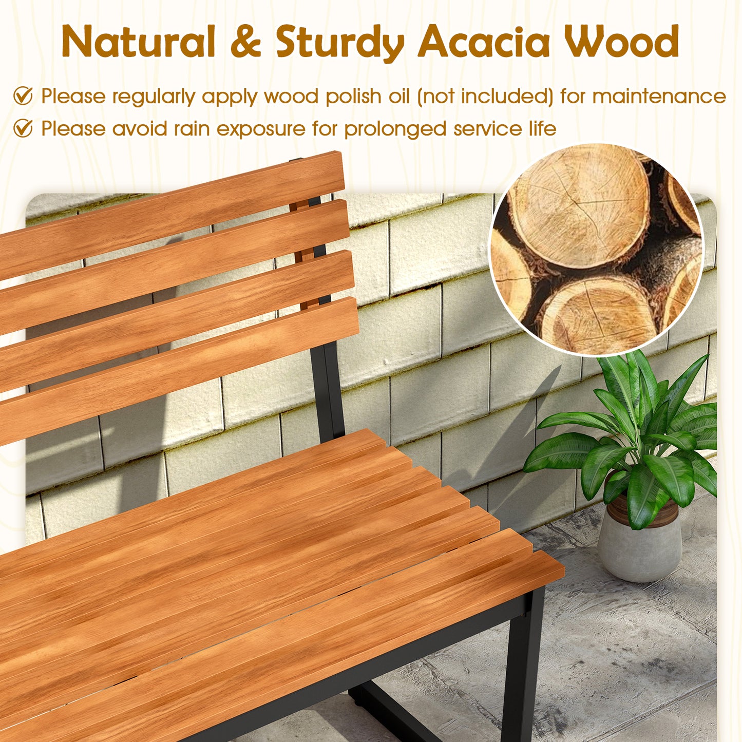 Acacia Wood Outdoor Bench with Backrest for 2 People