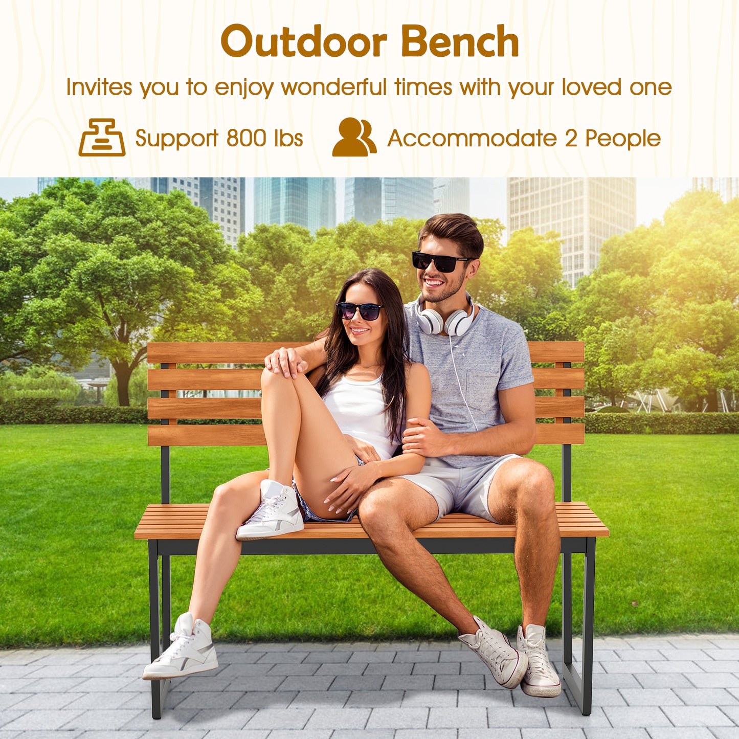Acacia Wood Outdoor Bench with Backrest for 2 People