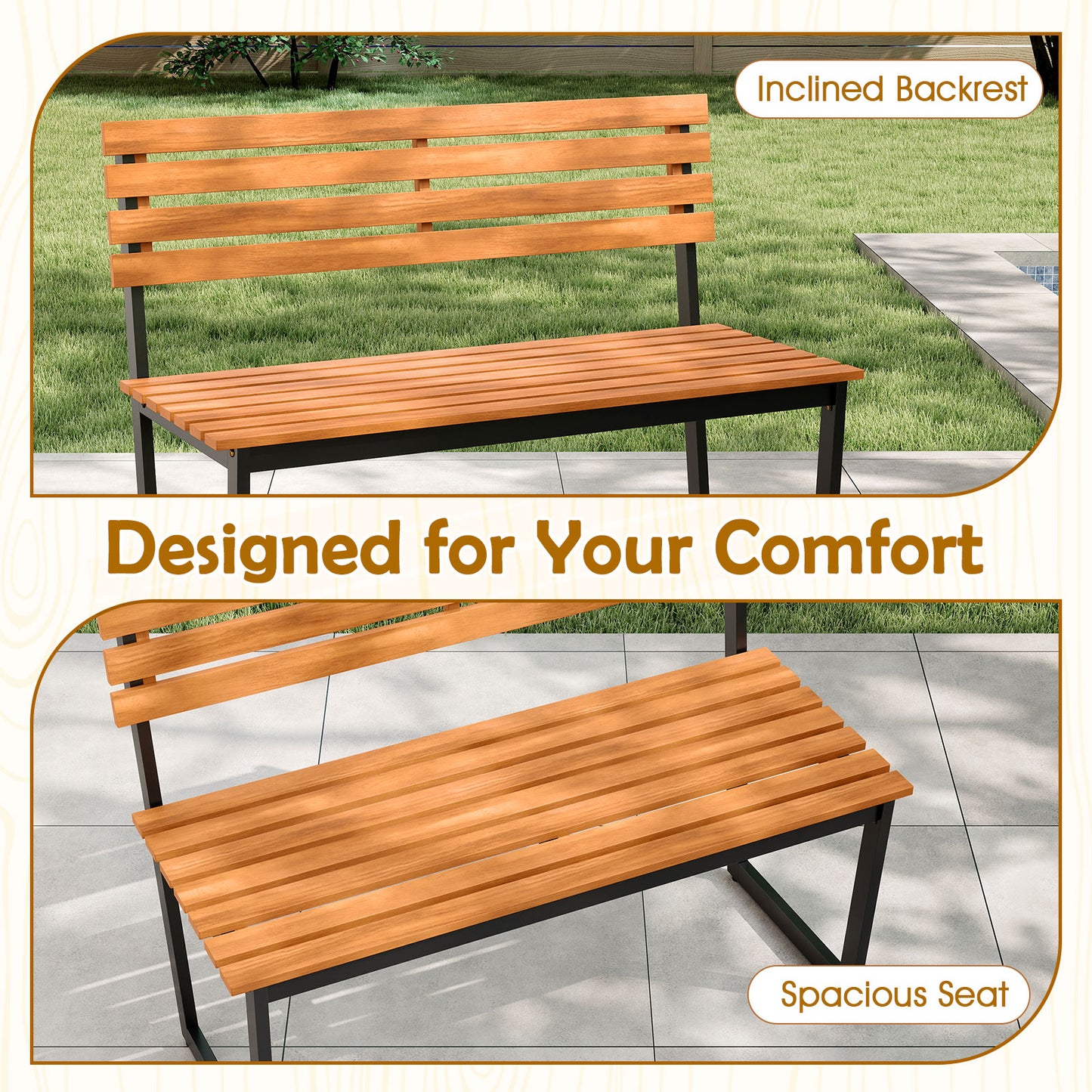 Acacia Wood Outdoor Bench with Backrest for 2 People