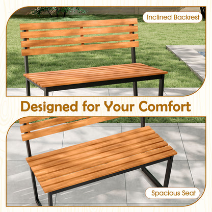 Acacia Wood Outdoor Bench with Backrest for 2 People