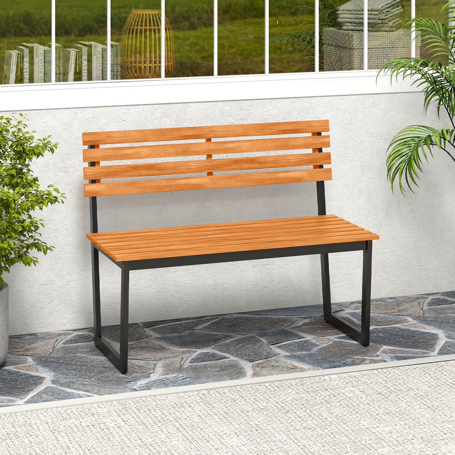 Acacia Wood Outdoor Bench with Backrest for 2 People