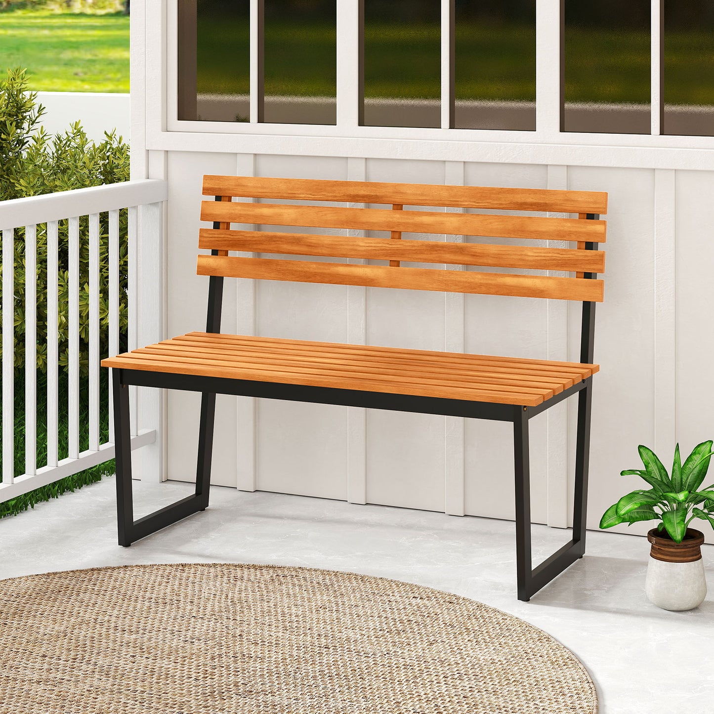 Acacia Wood Outdoor Bench with Backrest for 2 People