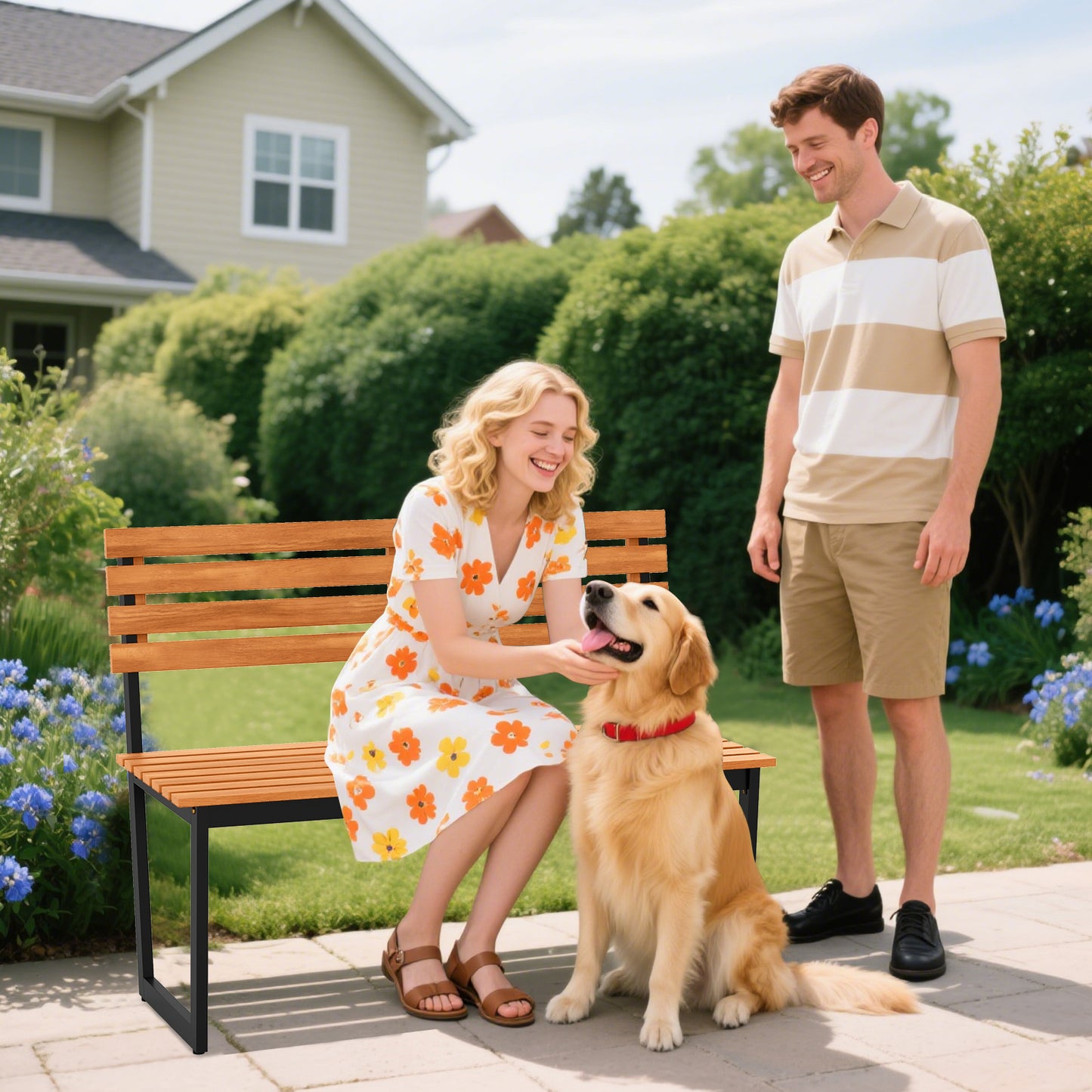 Acacia Wood Outdoor Bench with Backrest for 2 People