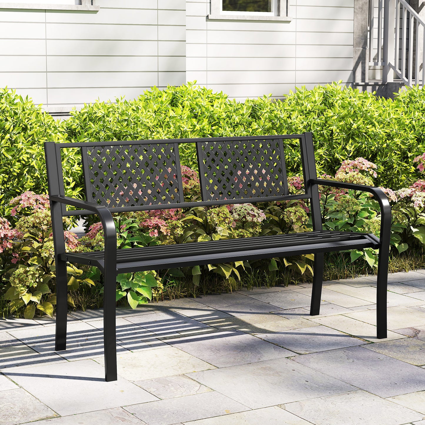 Metal Outdoor Bench for 2-3 Person Seating - Black