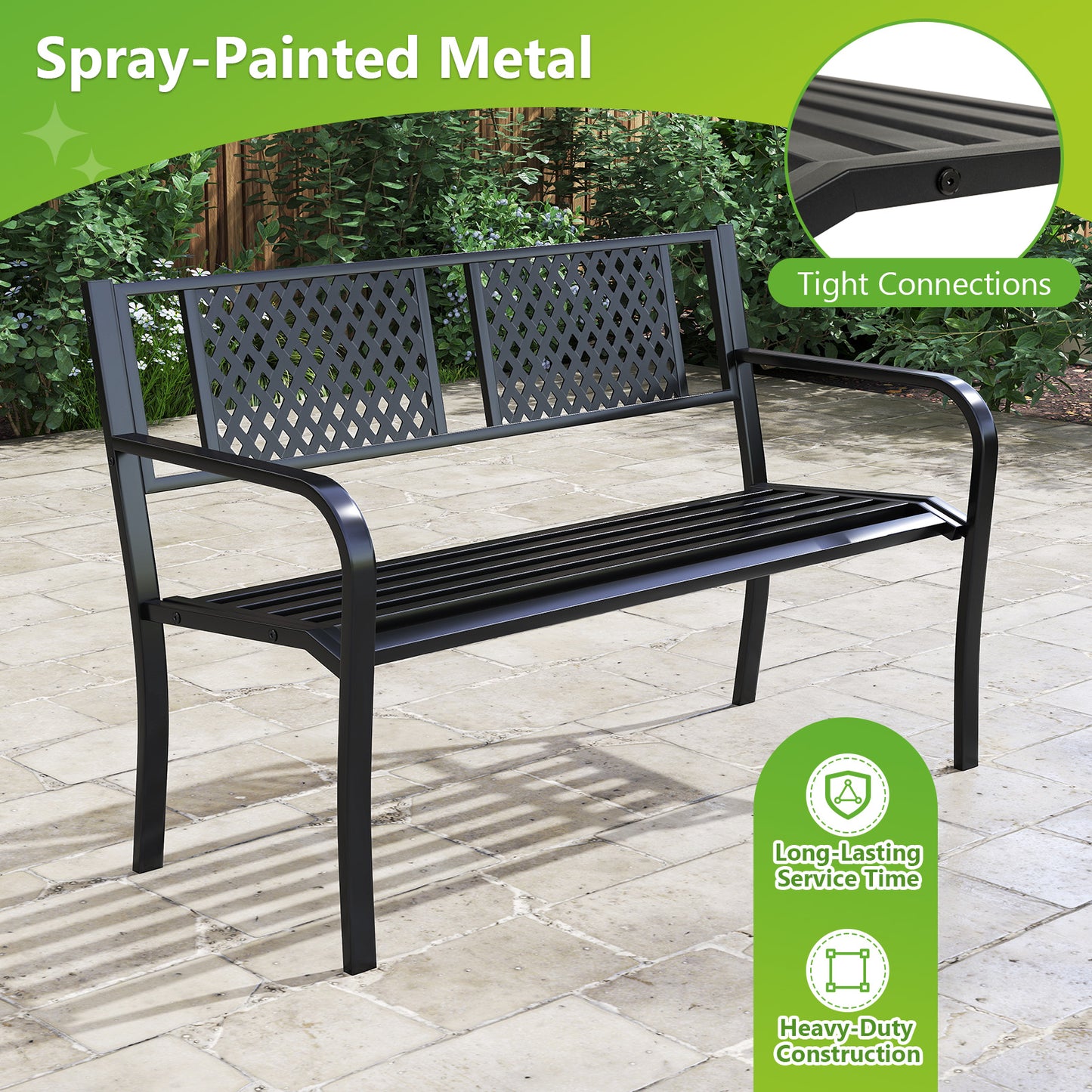 Metal Outdoor Bench for 2-3 Person Seating - Black