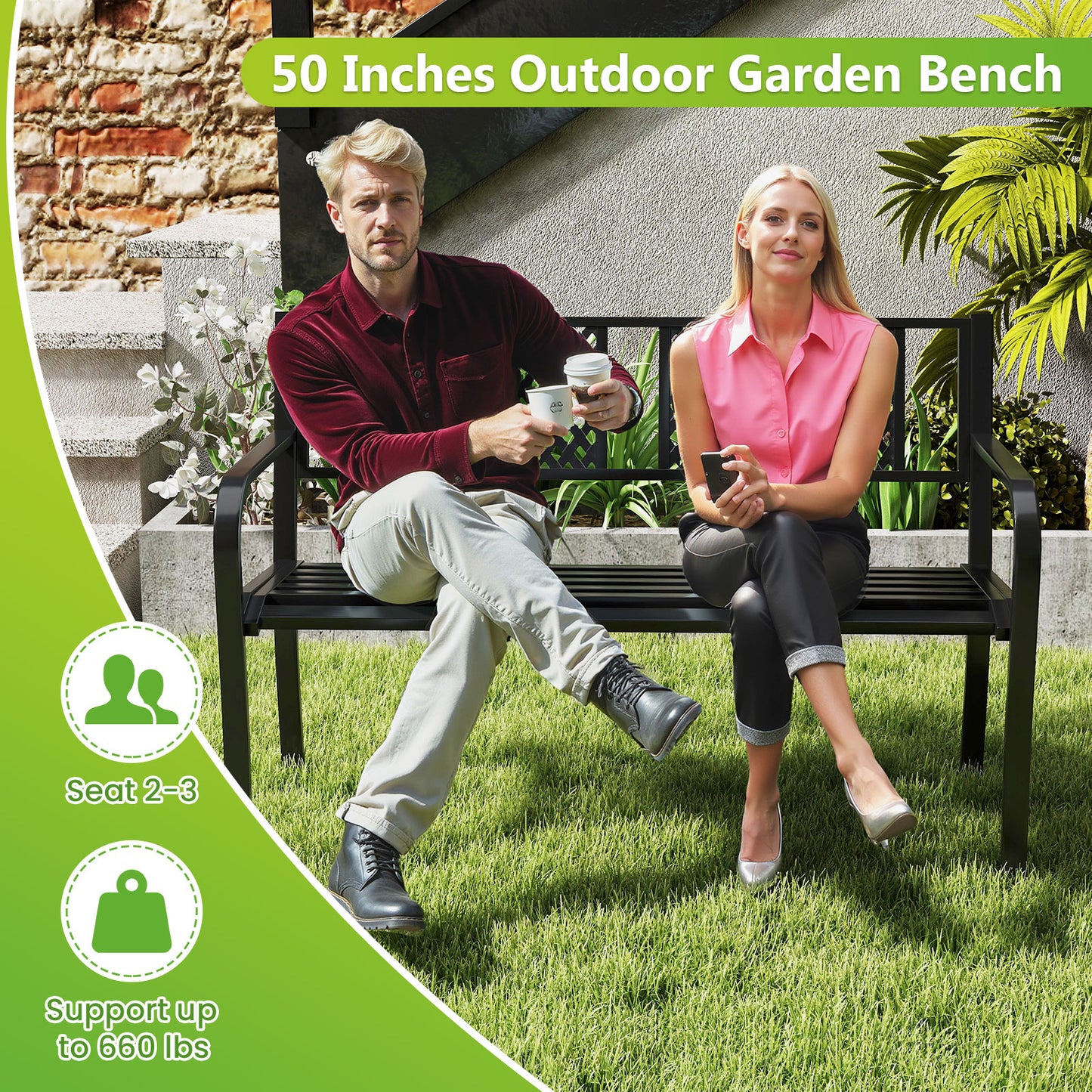 Metal Outdoor Bench for 2-3 Person Seating - Black