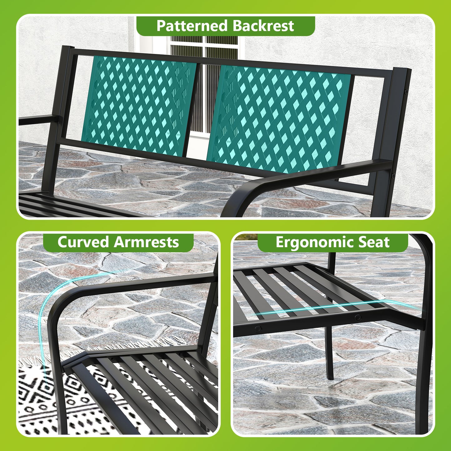 Metal Outdoor Bench for 2-3 Person Seating - Black