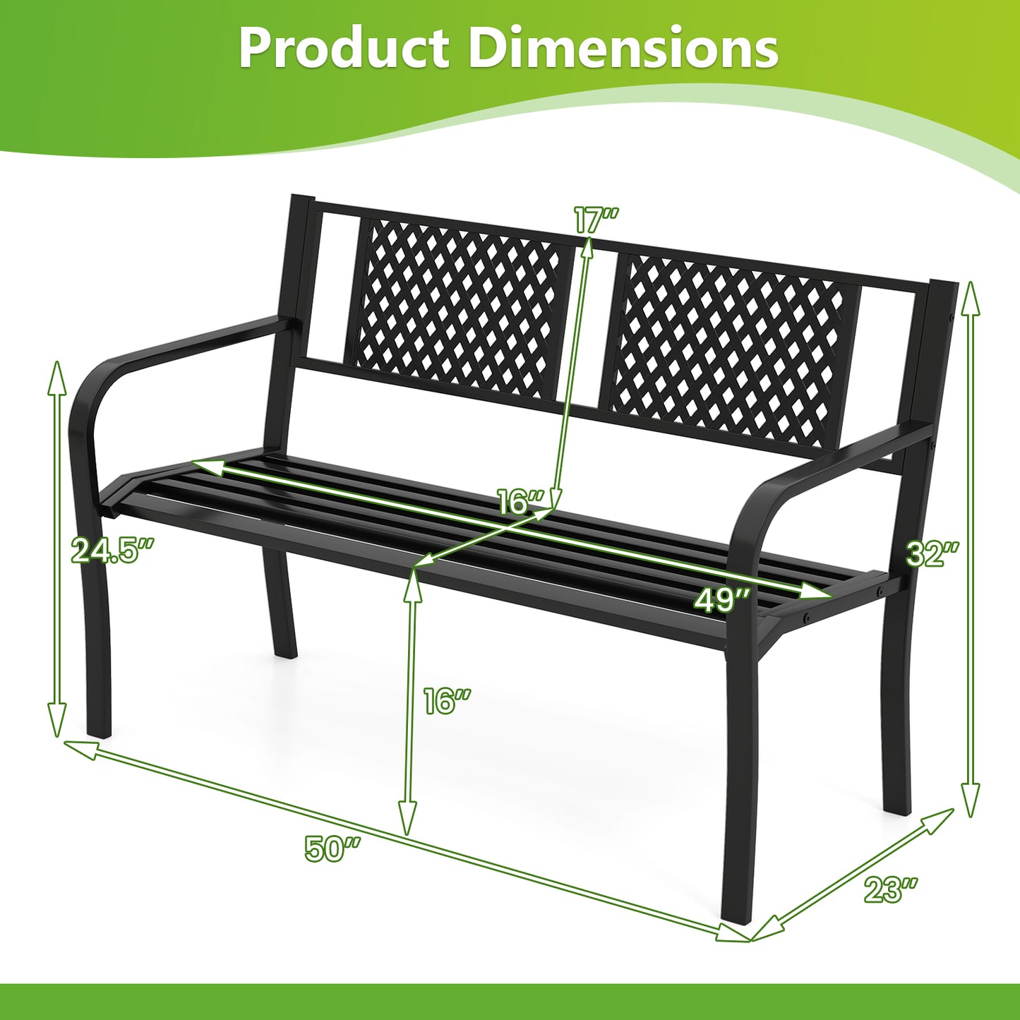 Metal Outdoor Bench for 2-3 Person Seating - Black
