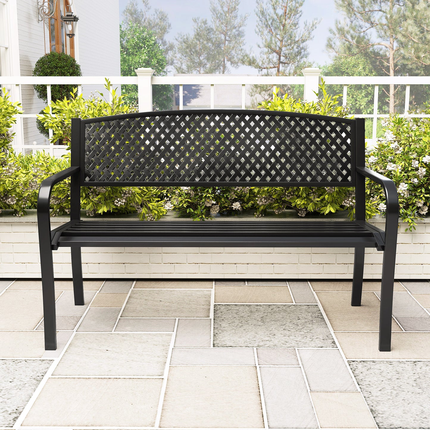 Metal Outdoor Bench with High Back for 2-3 Person Seating