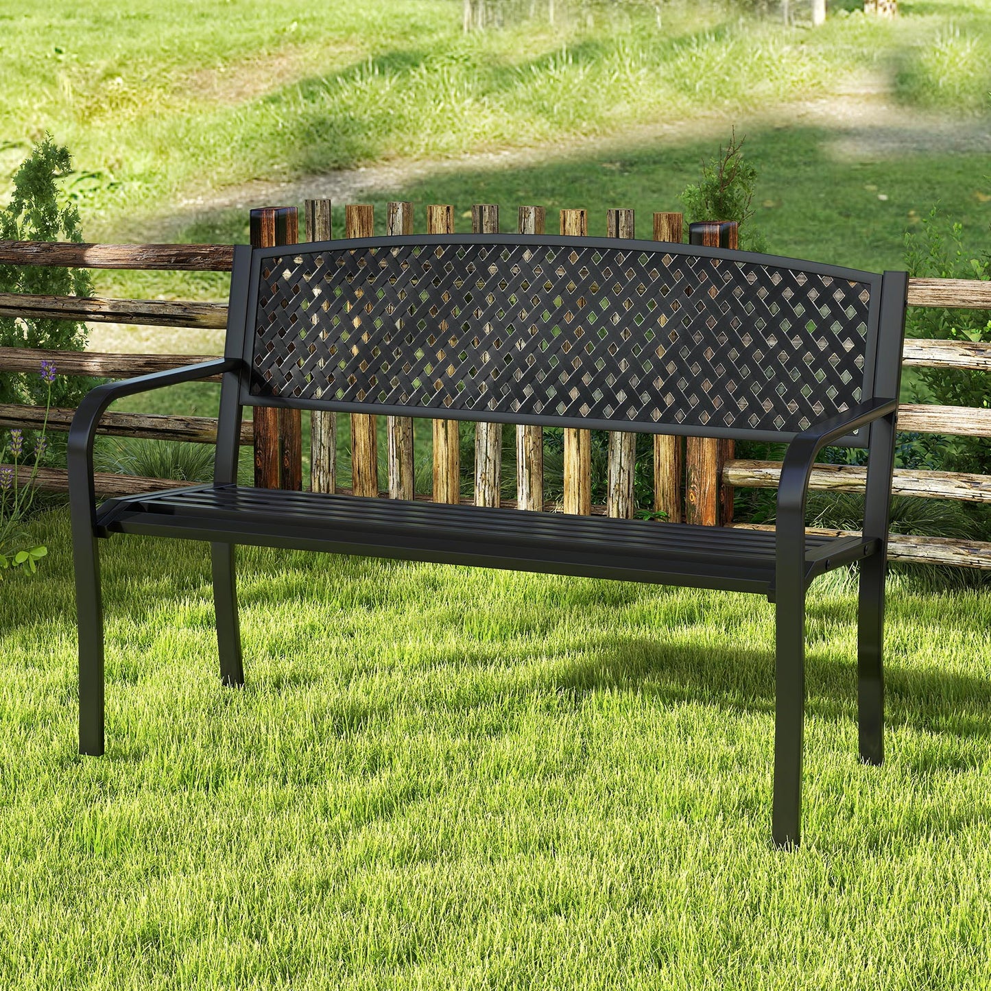 Metal Outdoor Bench with High Back for 2-3 Person Seating