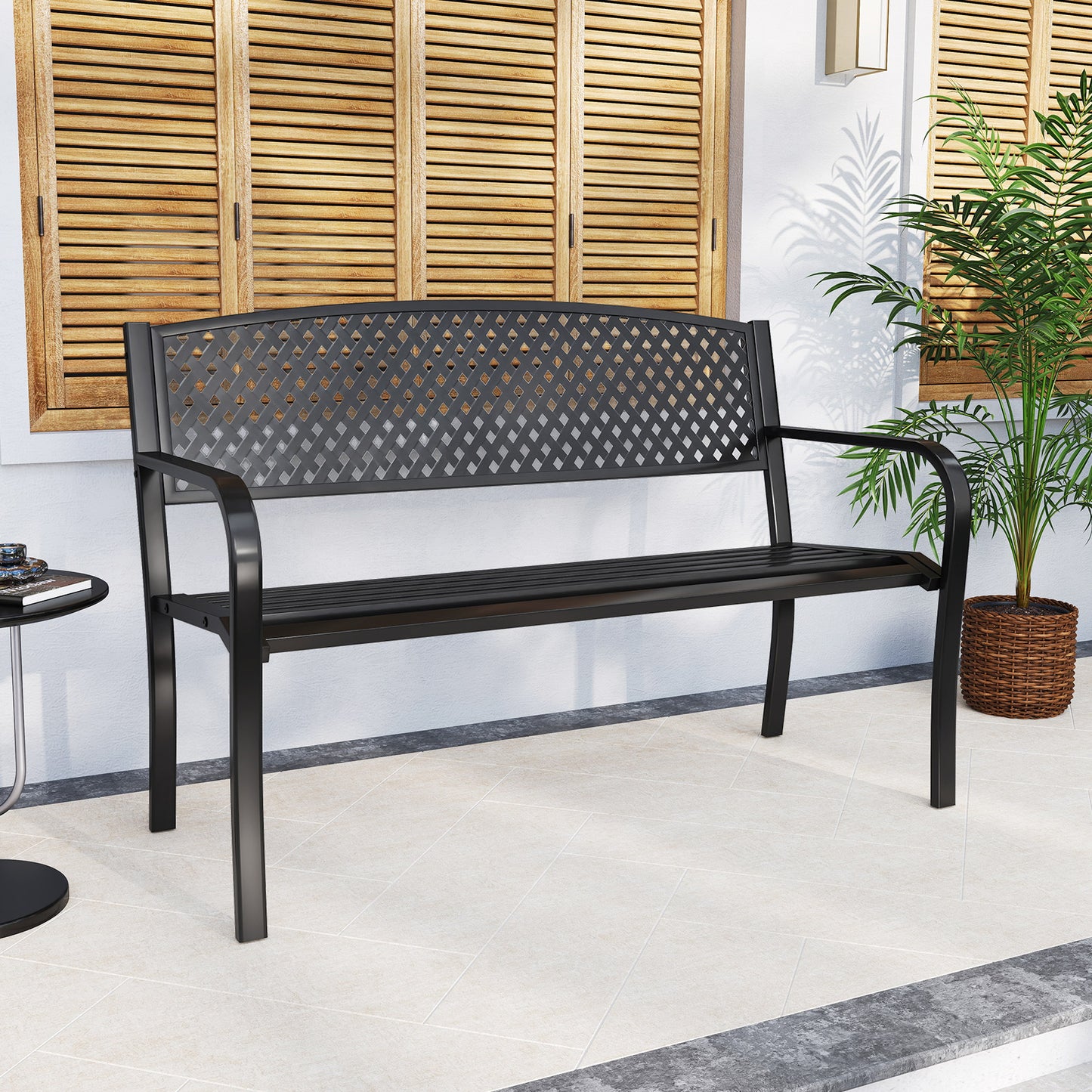 Metal Outdoor Bench with High Back for 2-3 Person Seating