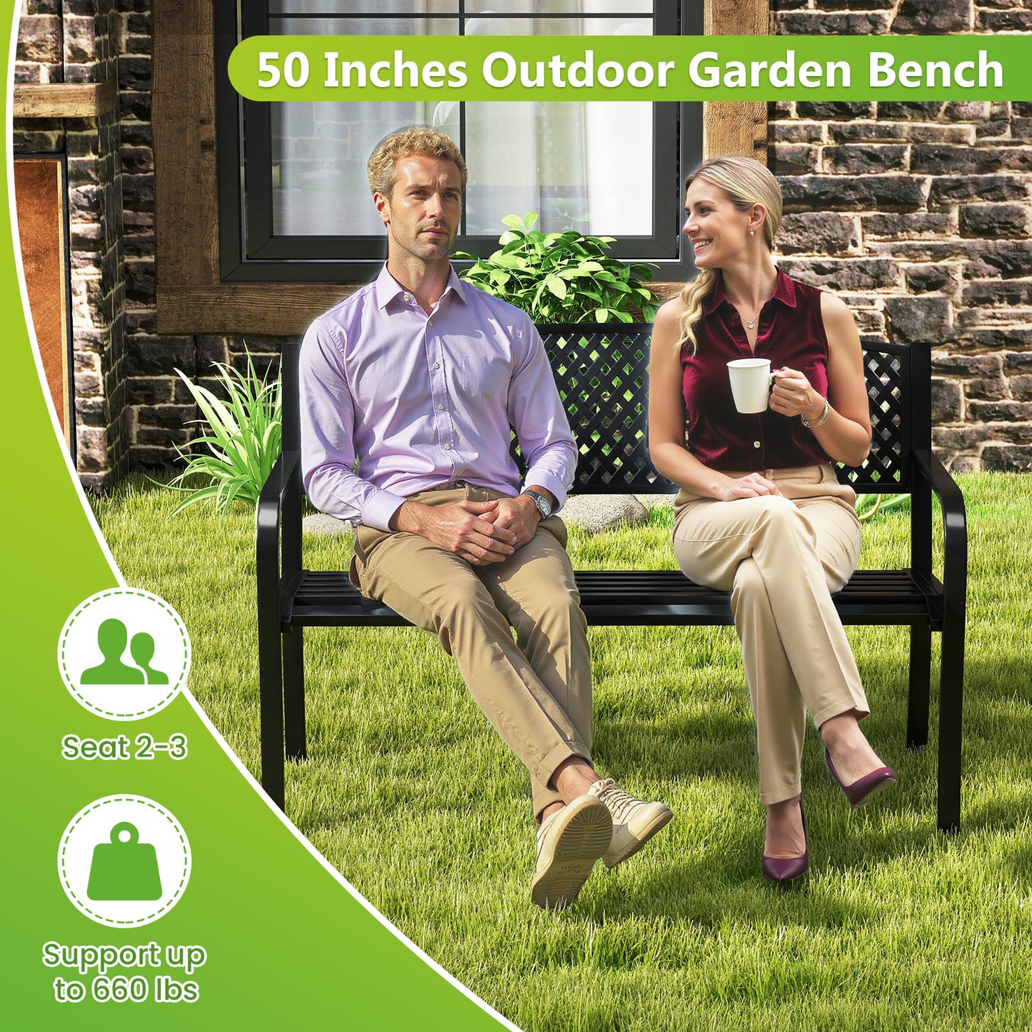 Metal Outdoor Bench with High Back for 2-3 Person Seating