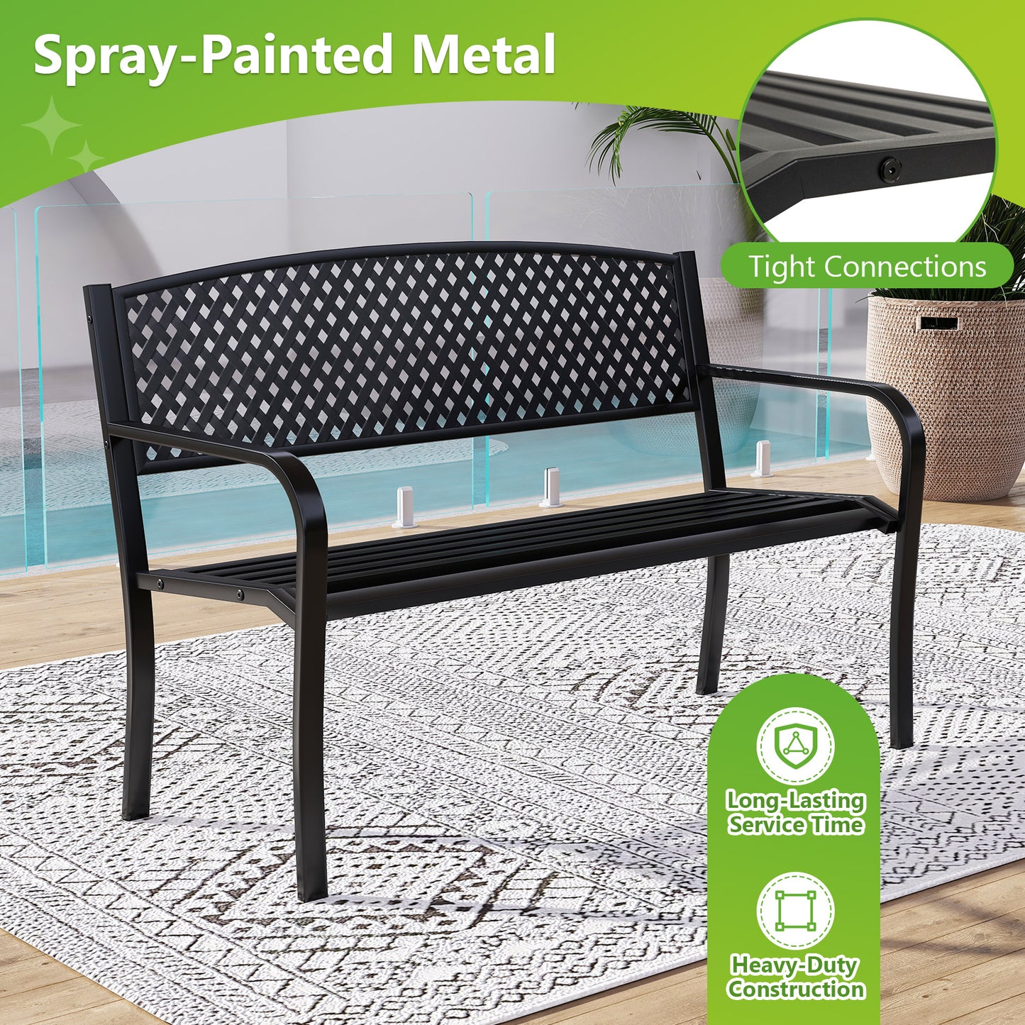 Metal Outdoor Bench with High Back for 2-3 Person Seating