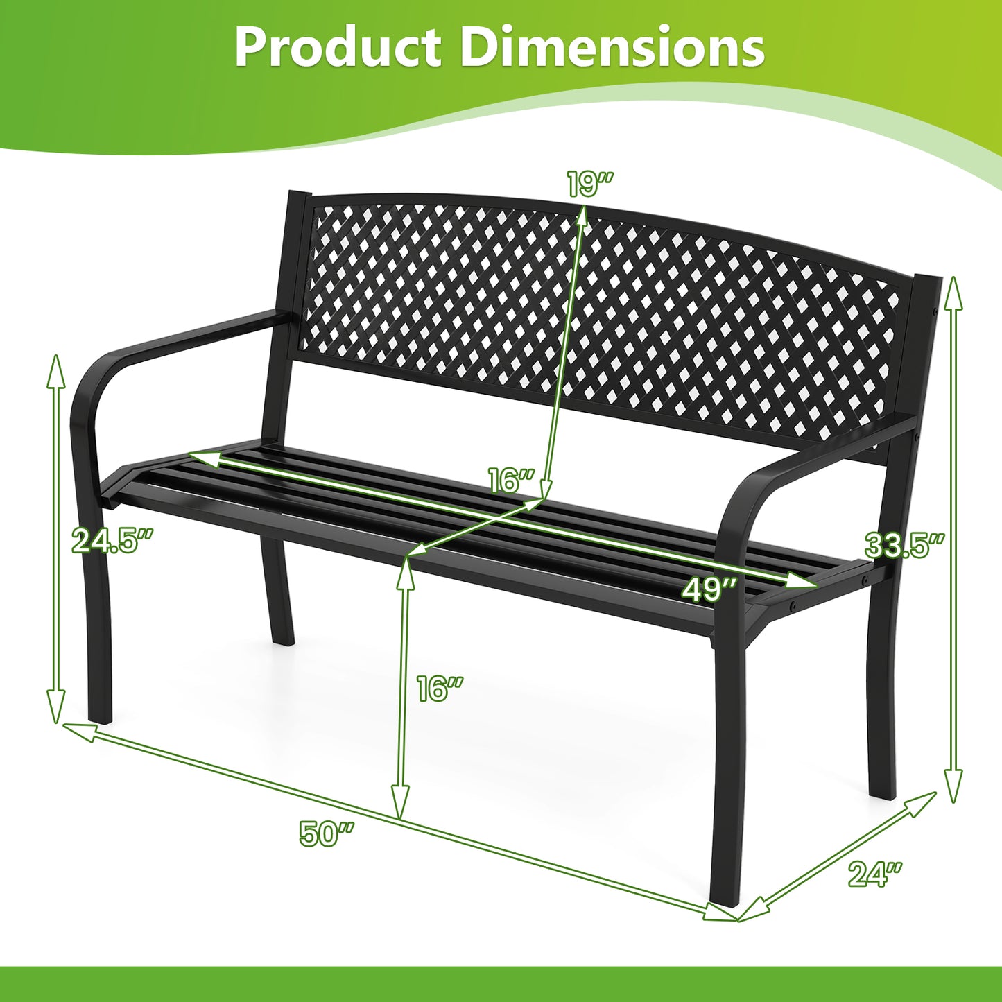 Metal Outdoor Bench with High Back for 2-3 Person Seating