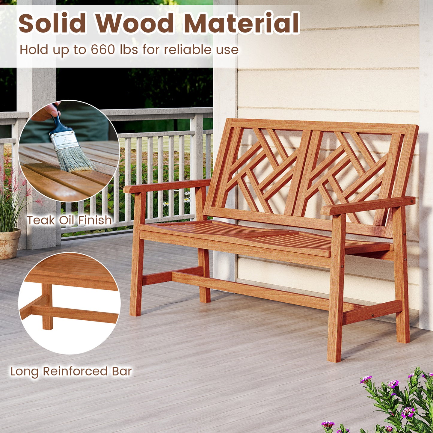 2-Person Hardwood Outdoor Bench with Geometric Backrest