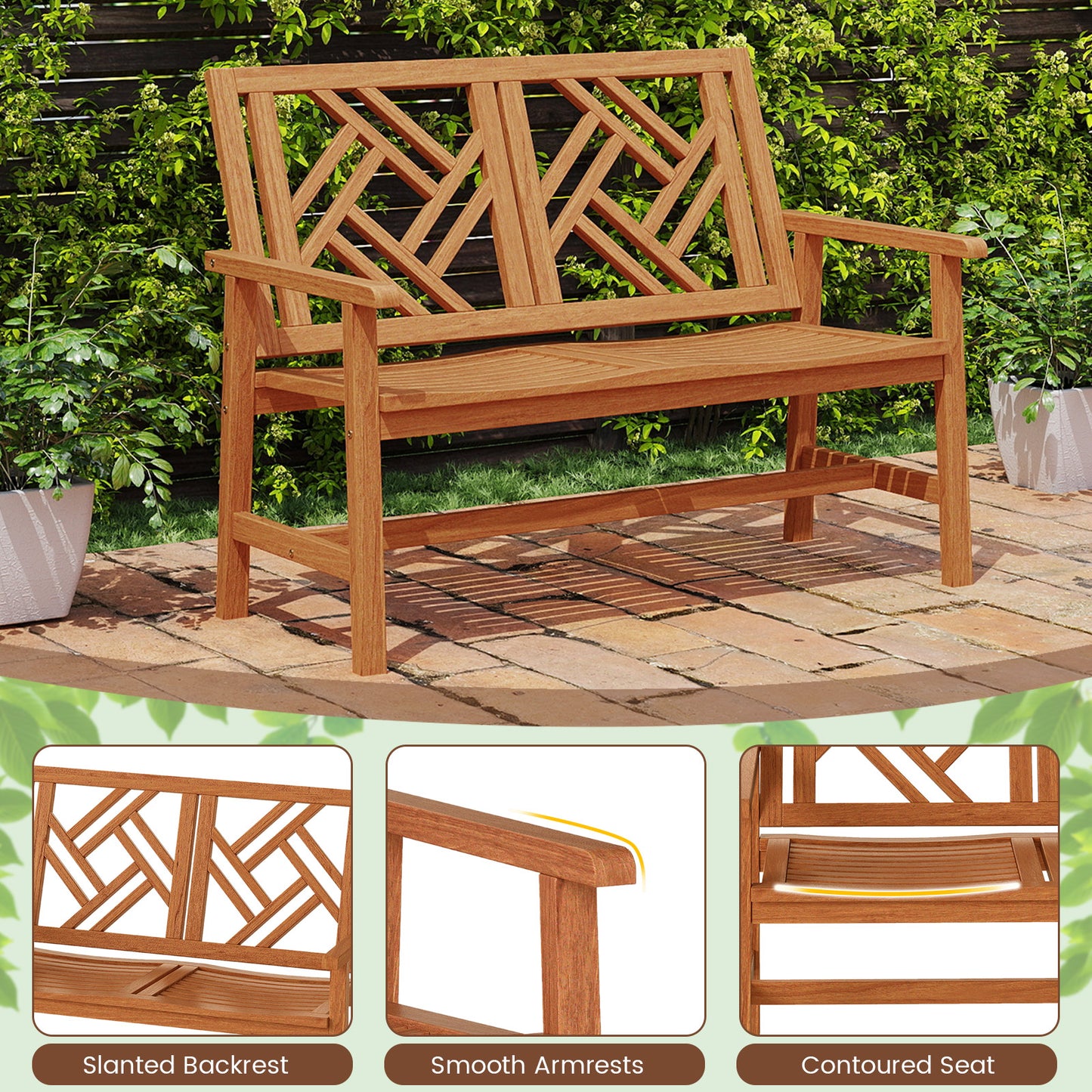 2-Person Hardwood Outdoor Bench with Geometric Backrest