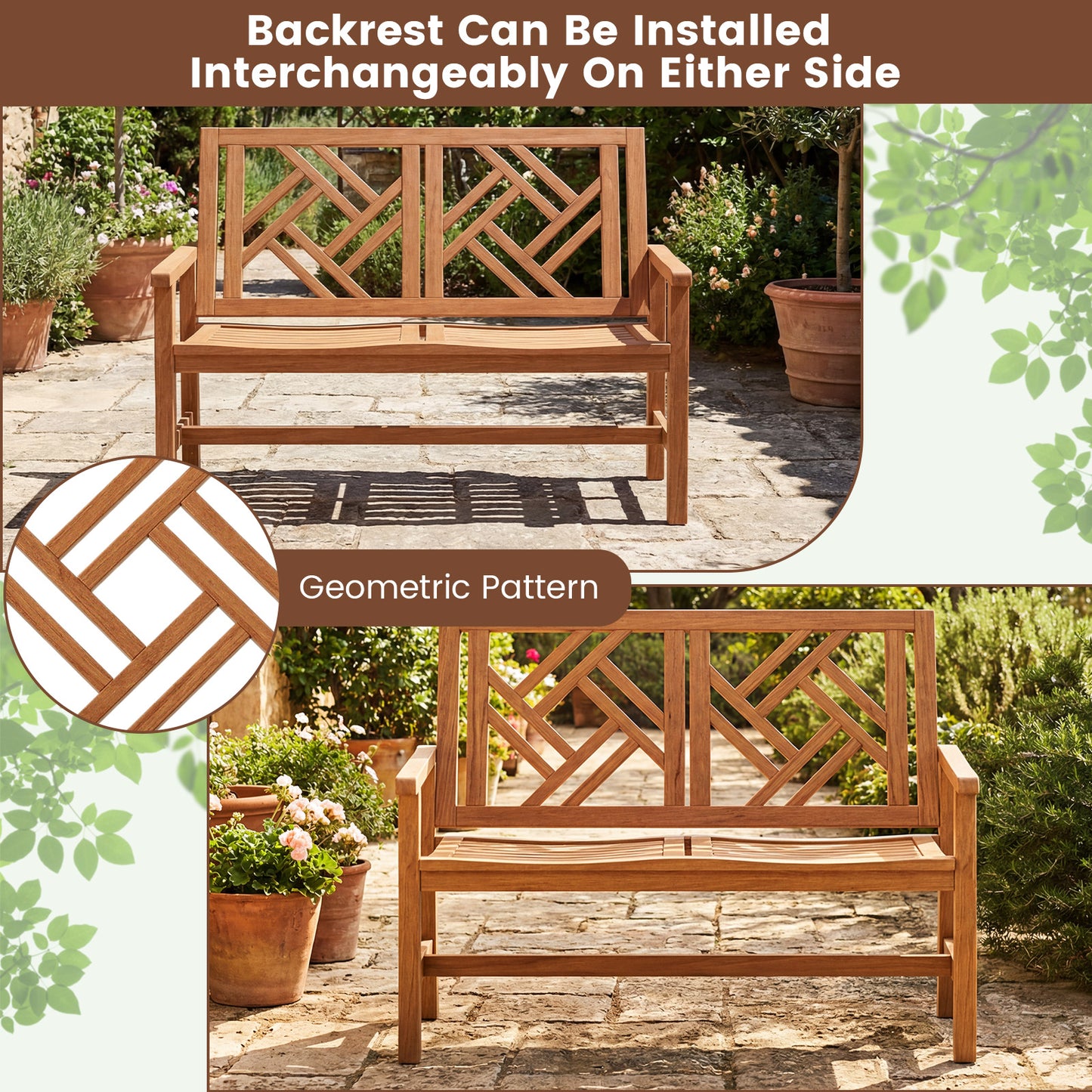 2-Person Hardwood Outdoor Bench with Geometric Backrest