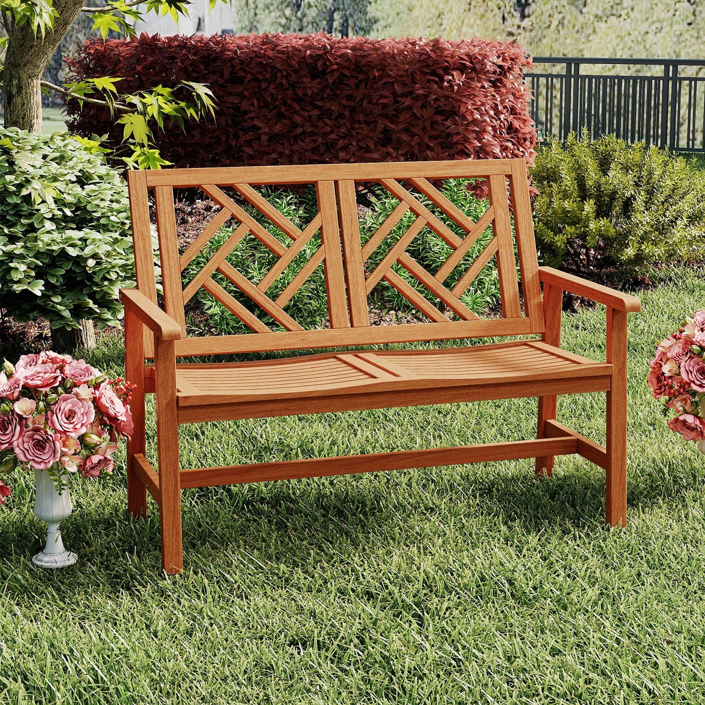 2-Person Hardwood Outdoor Bench with Geometric Backrest