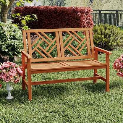 2-Person Hardwood Outdoor Bench with Geometric Backrest
