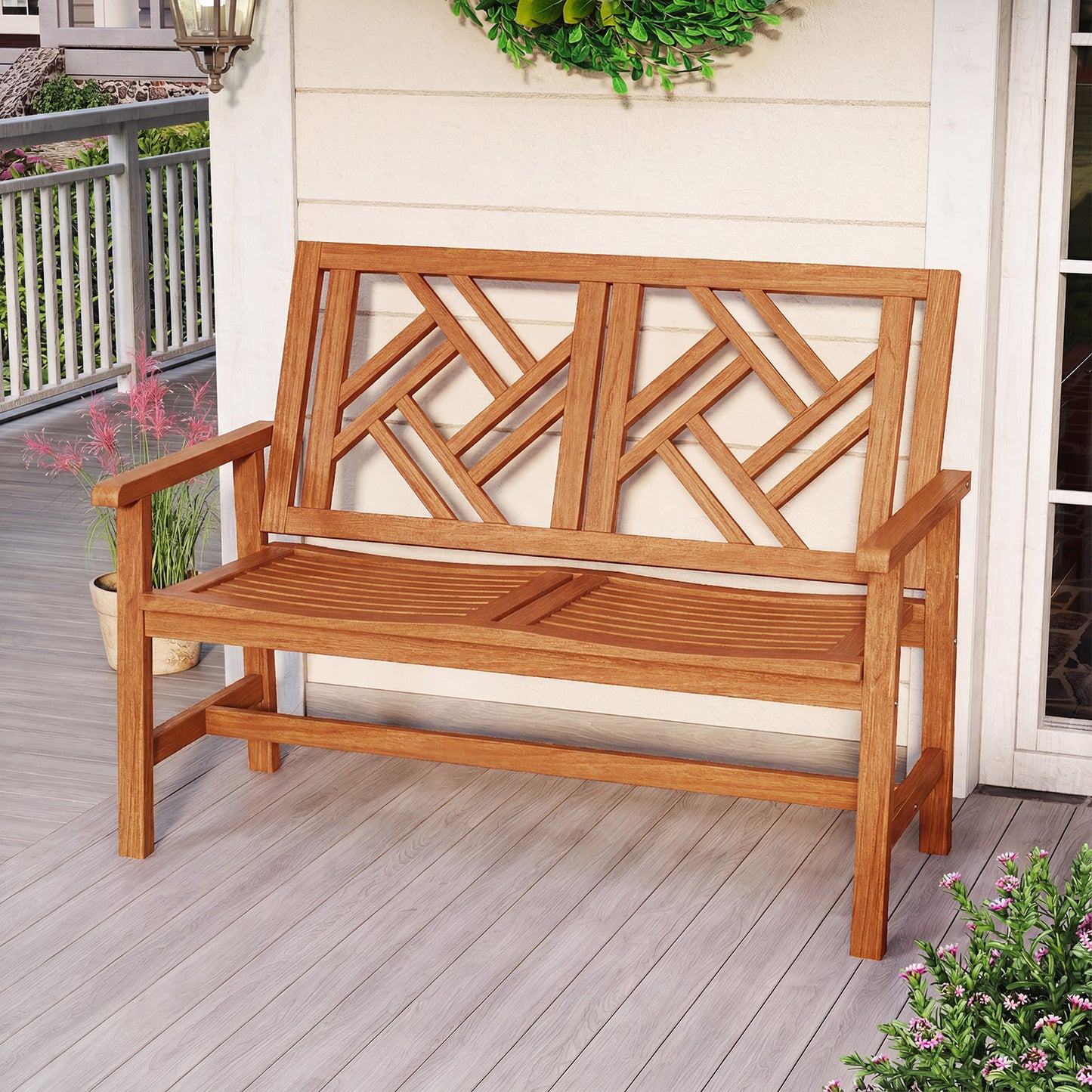 2-Person Hardwood Outdoor Bench with Geometric Backrest