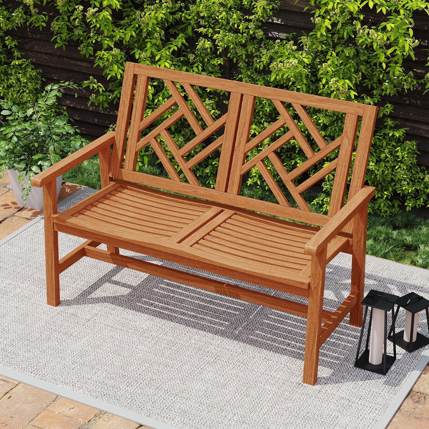 2-Person Hardwood Outdoor Bench with Geometric Backrest
