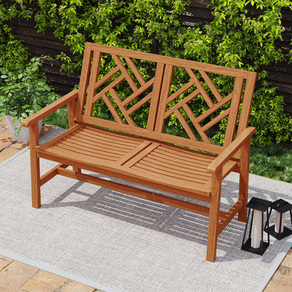 2-Person Hardwood Outdoor Bench with Geometric Backrest