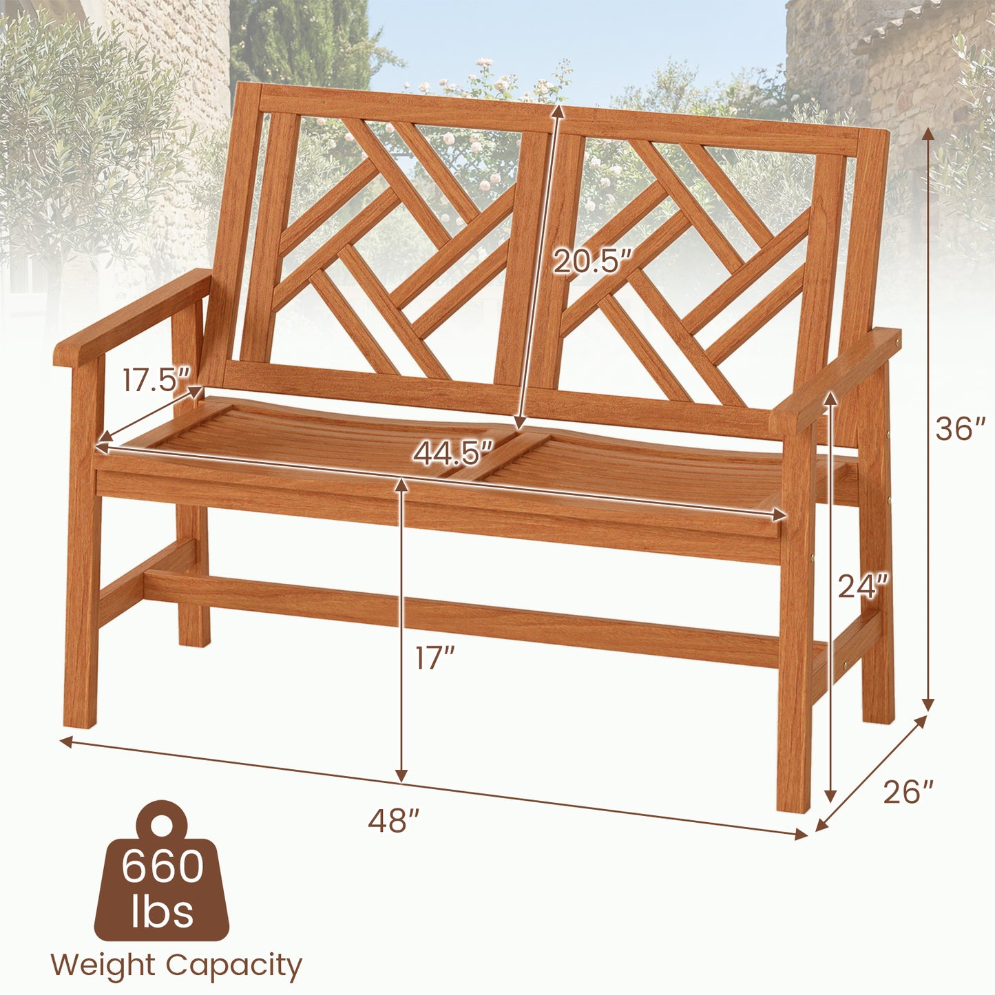 2-Person Hardwood Outdoor Bench with Geometric Backrest