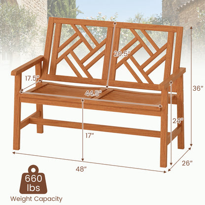 2-Person Hardwood Outdoor Bench with Geometric Backrest