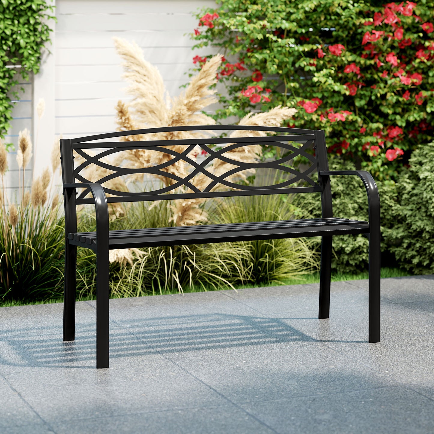 Metal Garden Bench with Curved Armrests - 660 lbs Capacity