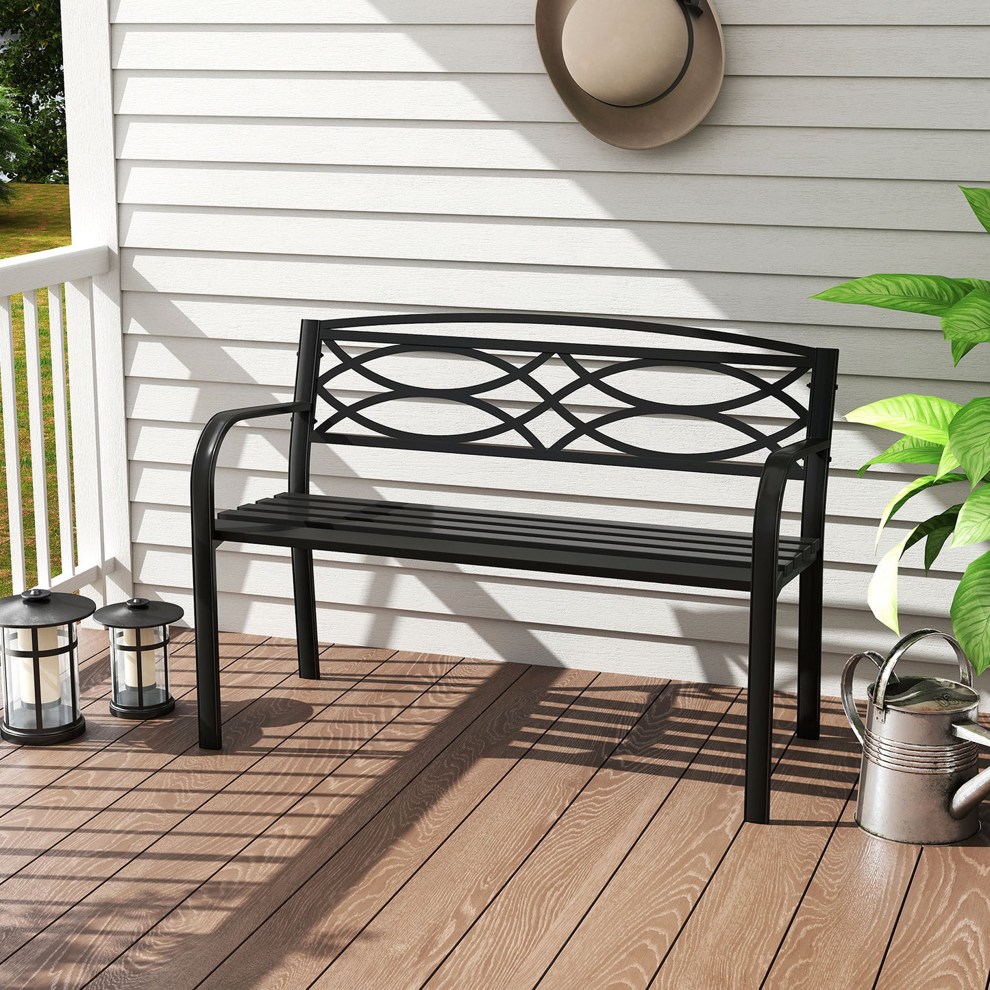 Metal Garden Bench with Curved Armrests - 660 lbs Capacity