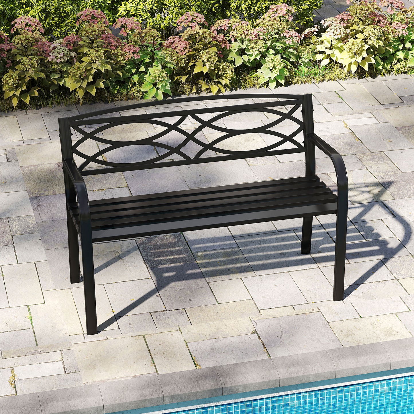 Metal Garden Bench with Curved Armrests - 660 lbs Capacity