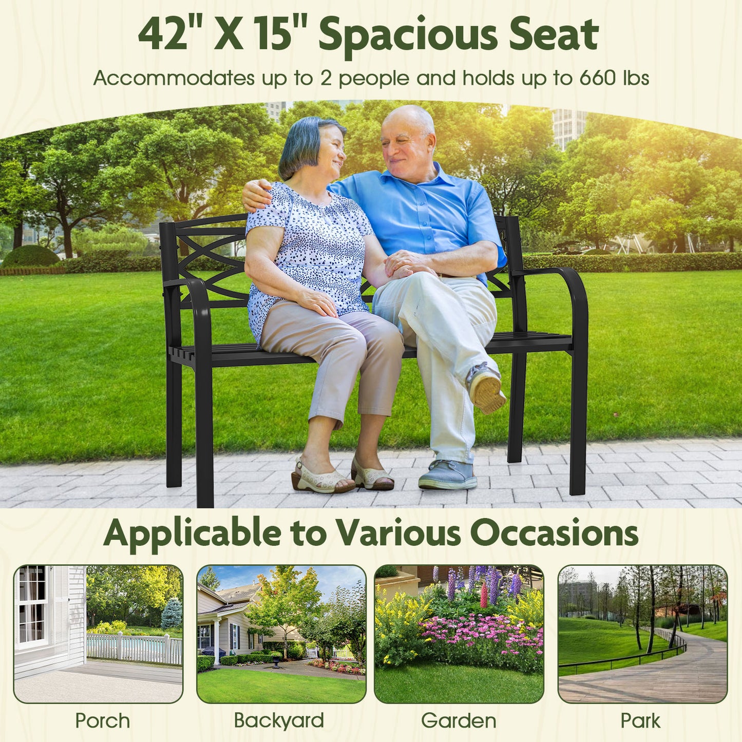 Metal Garden Bench with Curved Armrests - 660 lbs Capacity