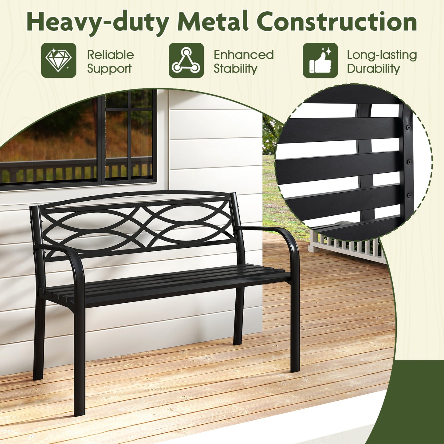 Metal Garden Bench with Curved Armrests - 660 lbs Capacity