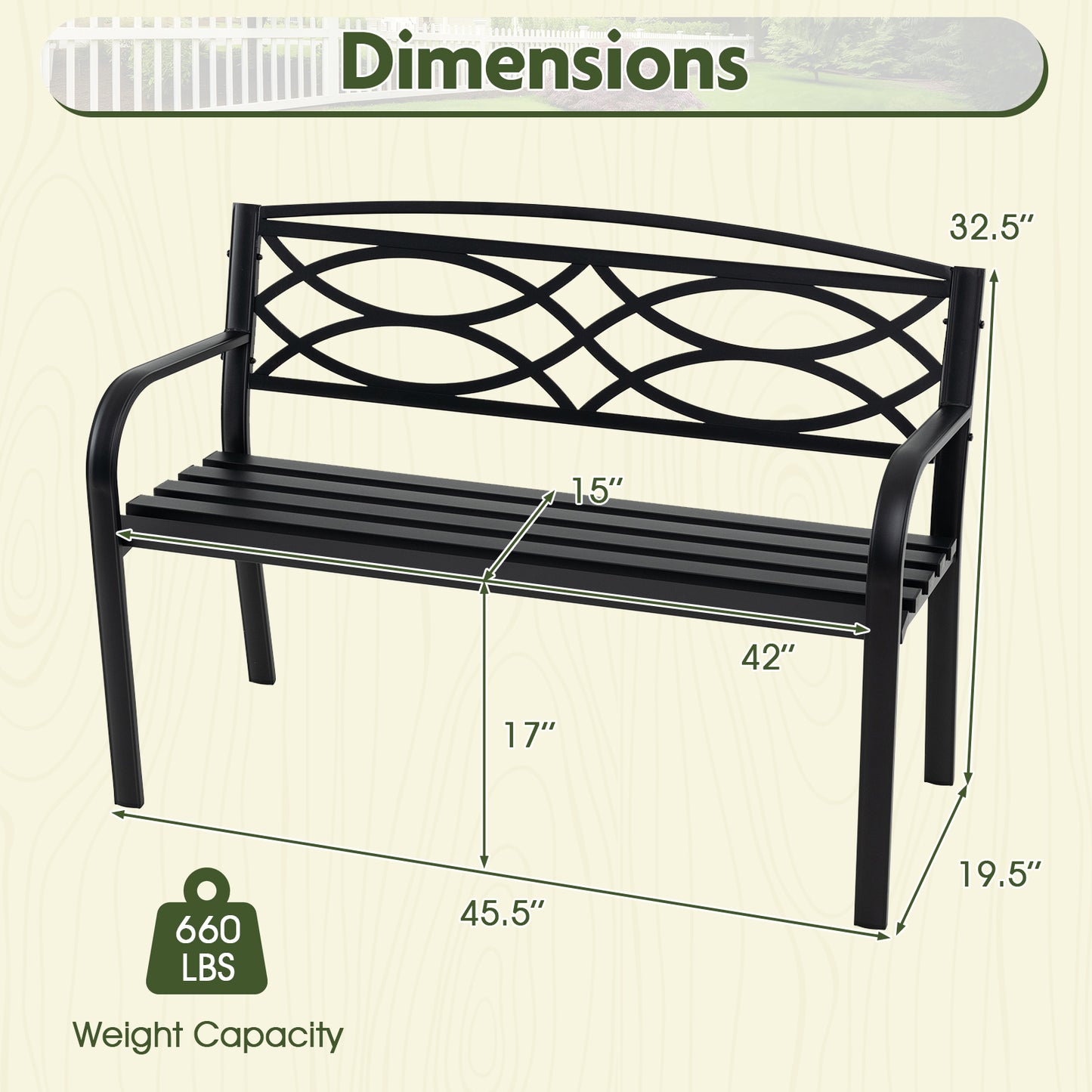 Metal Garden Bench with Curved Armrests - 660 lbs Capacity