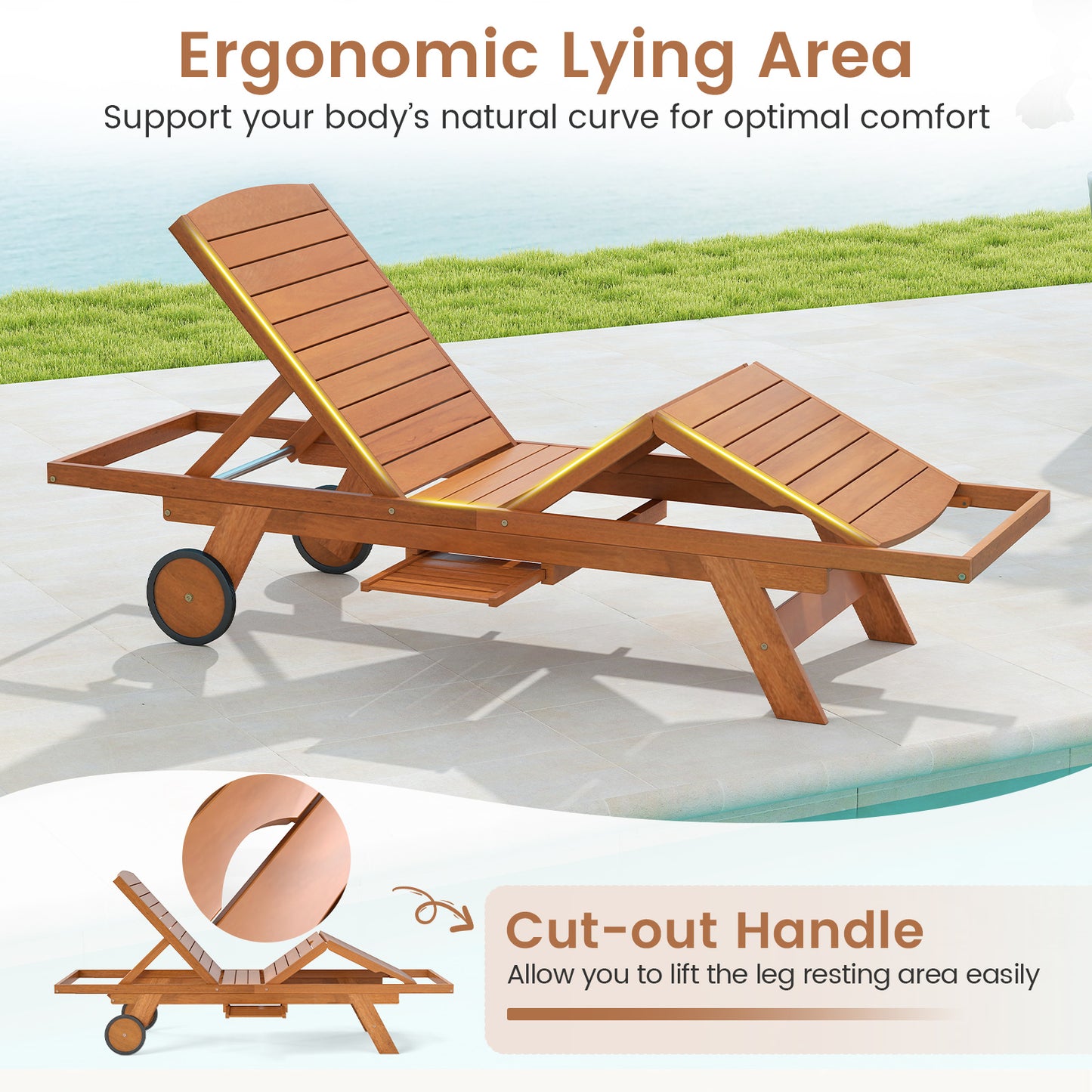 Outdoor Chaise Lounge Chair with Wheels & Adjustable Backrest