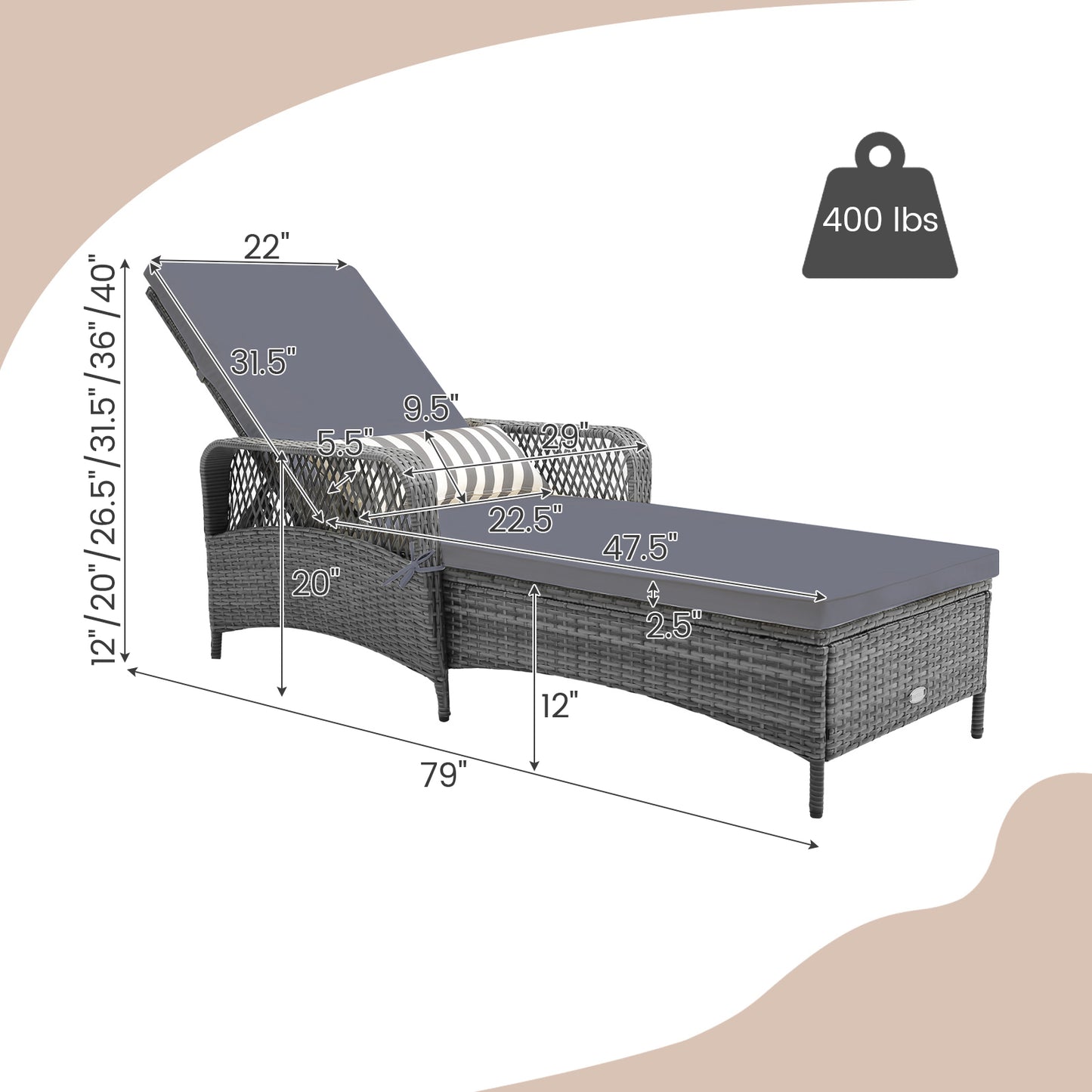 Outdoor Chaise Lounge Chair with 6-Position Adjustable Backrest