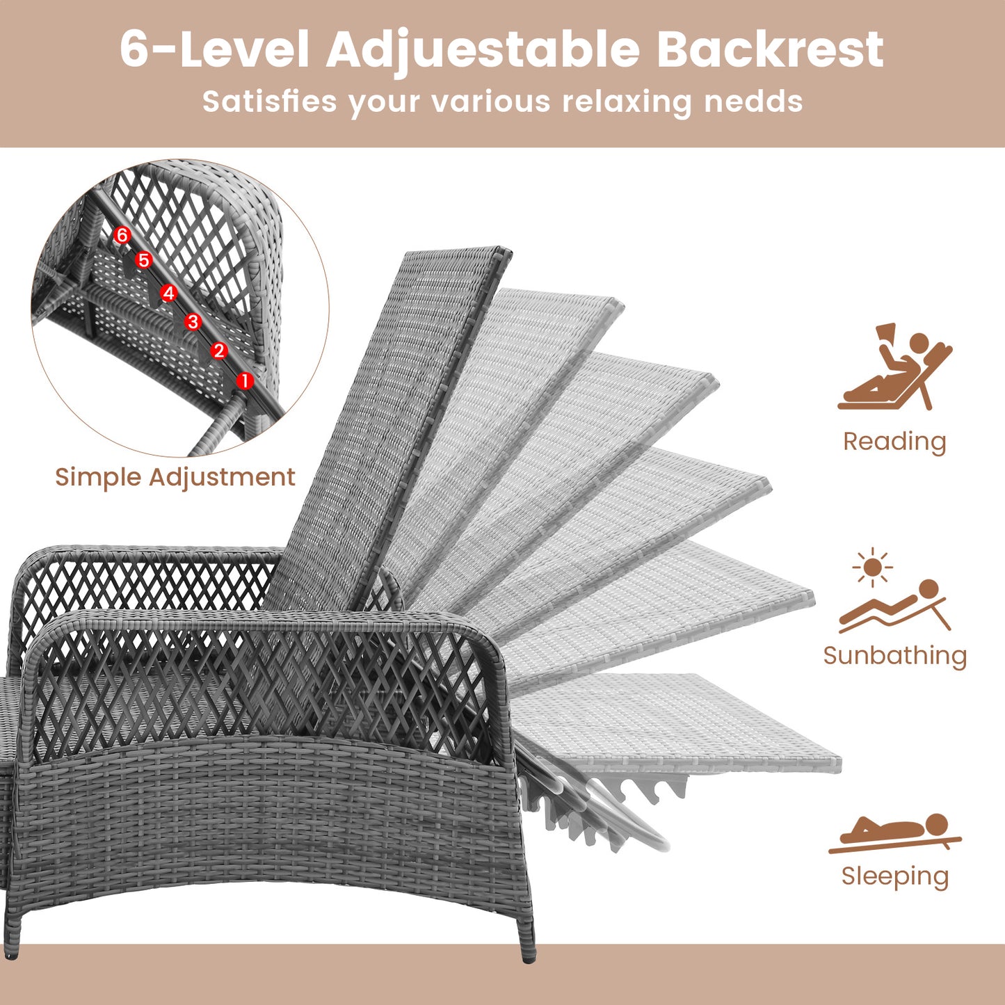 Outdoor Chaise Lounge Chair with 6-Position Adjustable Backrest