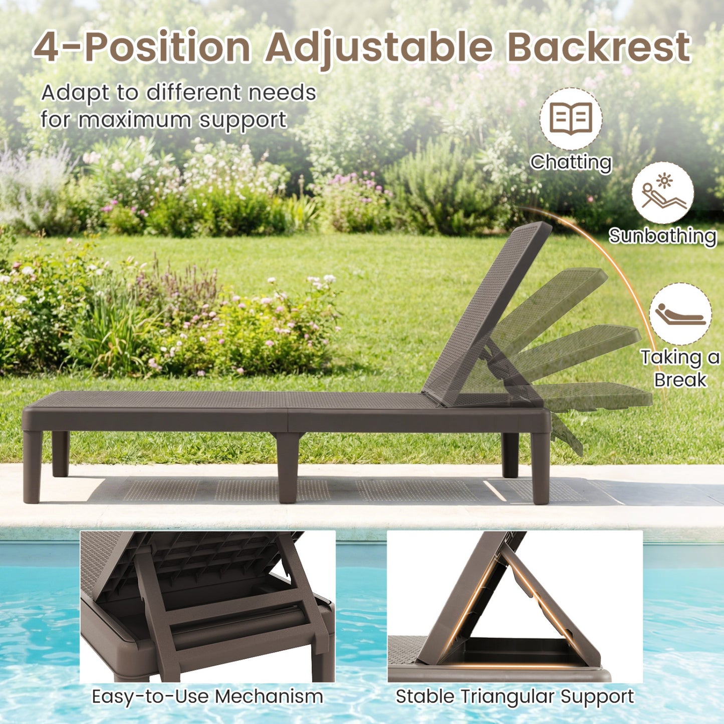 Outdoor Chaise Lounge Chair with 4-Position Adjustable Backrest