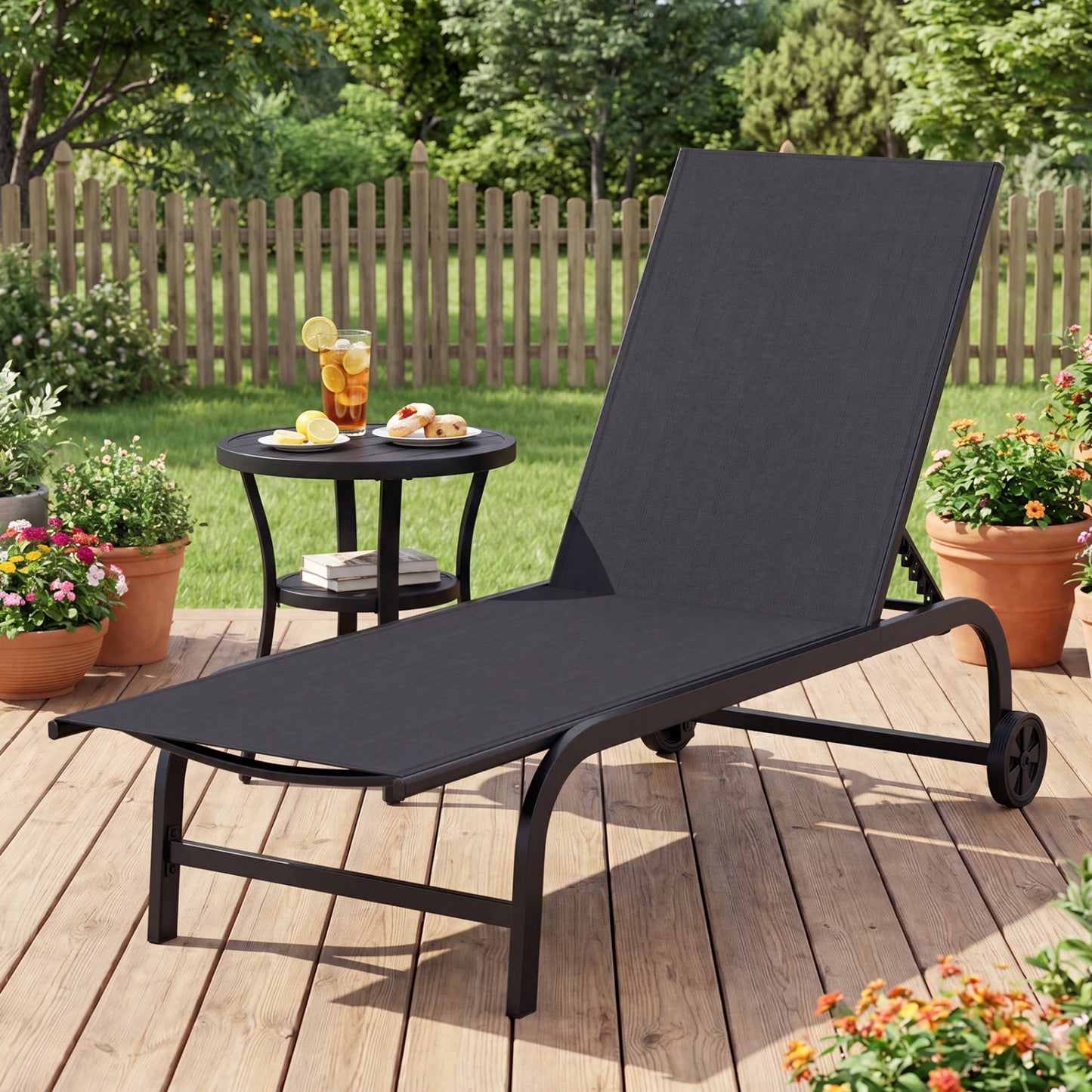 Outdoor Chaise Lounge Chair with Wheels and Adjustable Backrest