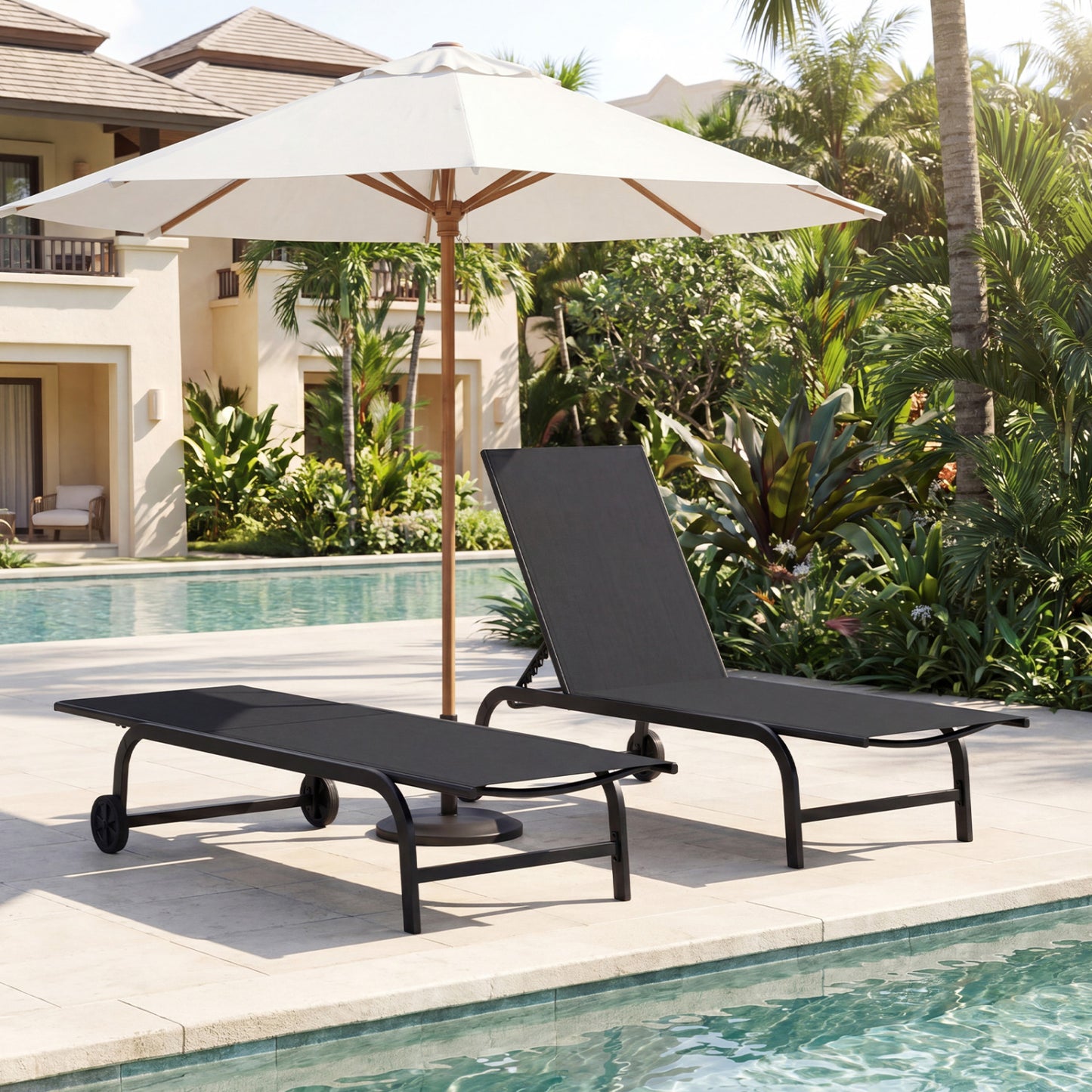 Outdoor Chaise Lounge Chair with Wheels and Adjustable Backrest