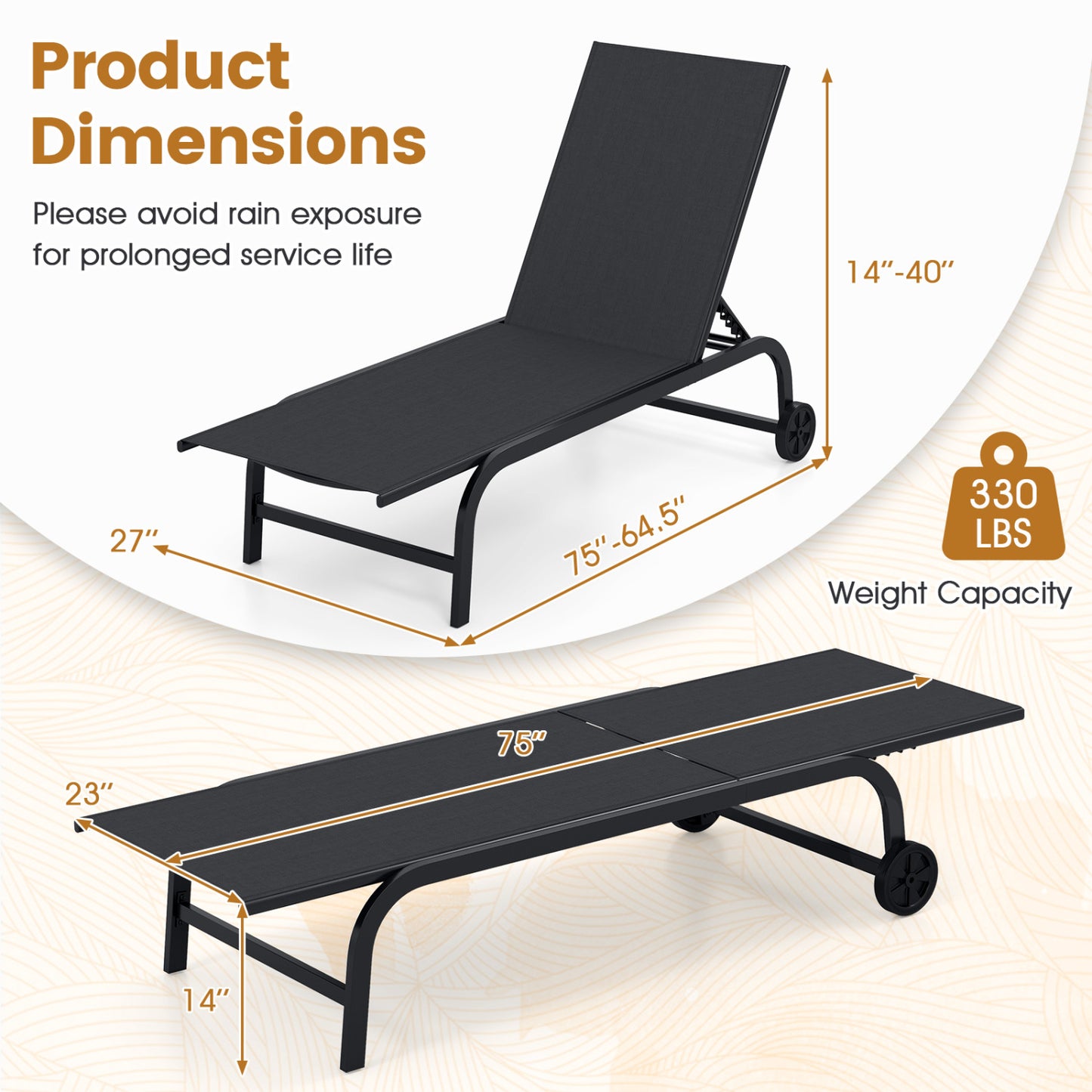 Outdoor Chaise Lounge Chair with Wheels and Adjustable Backrest