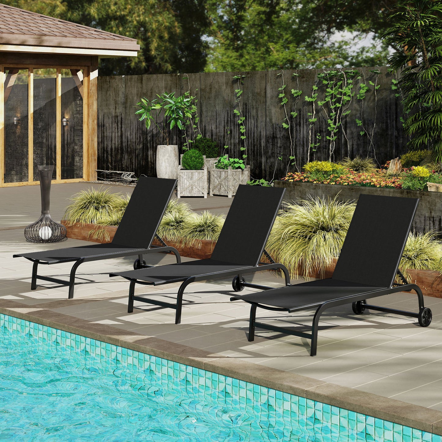 Outdoor Chaise Lounge Chair with Wheels and Adjustable Backrest