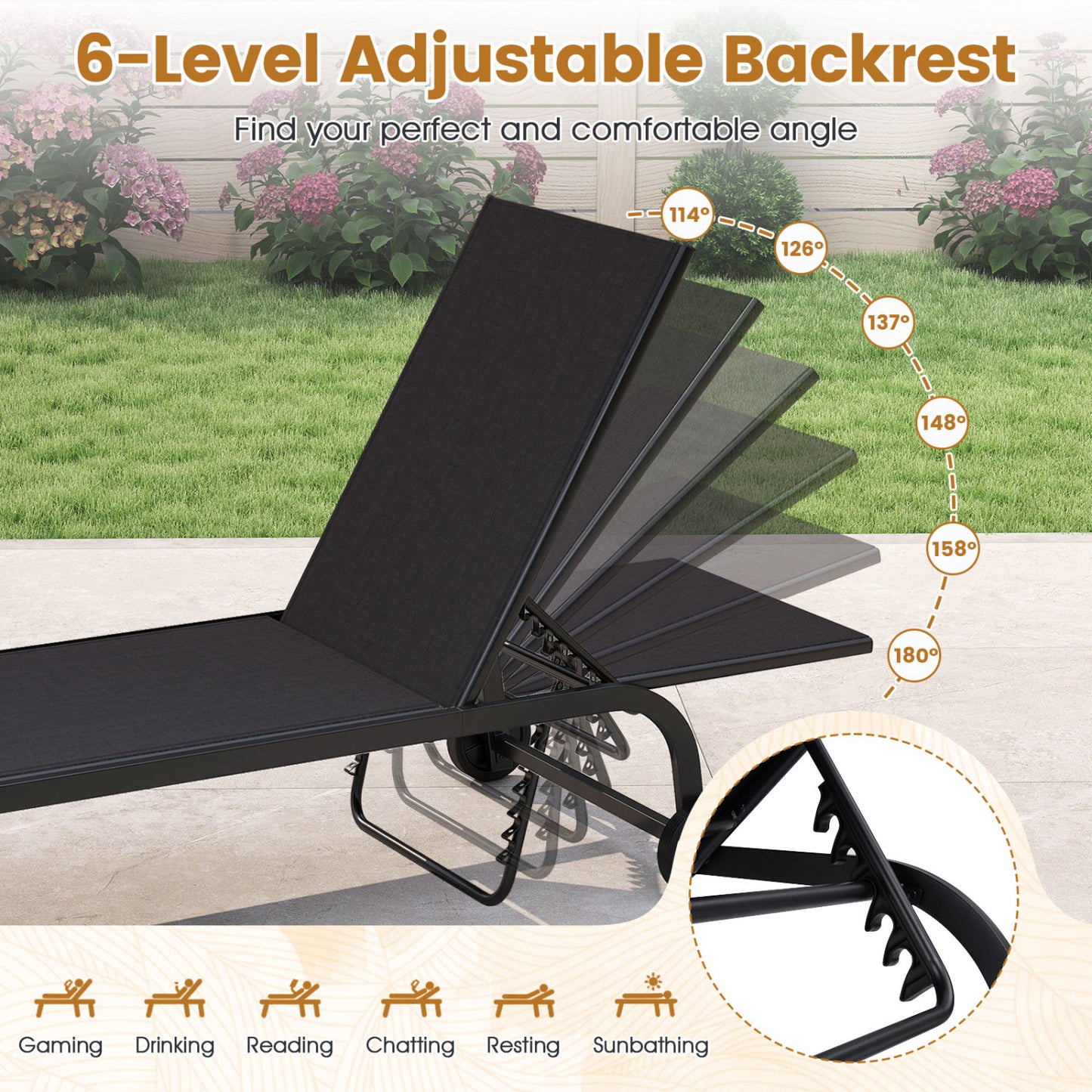 Outdoor Chaise Lounge Chair with Wheels and Adjustable Backrest