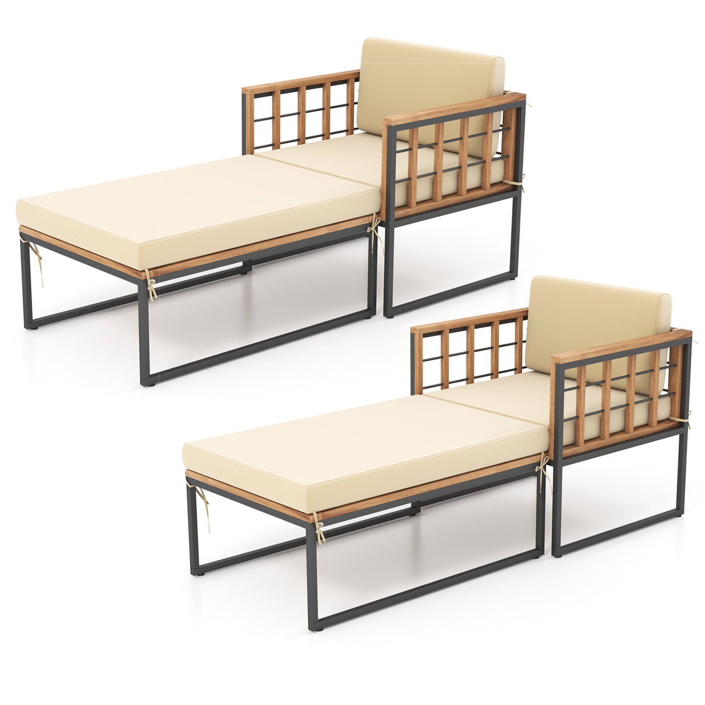 Acacia Wood Armchair with Ottoman and Beige Cushions
