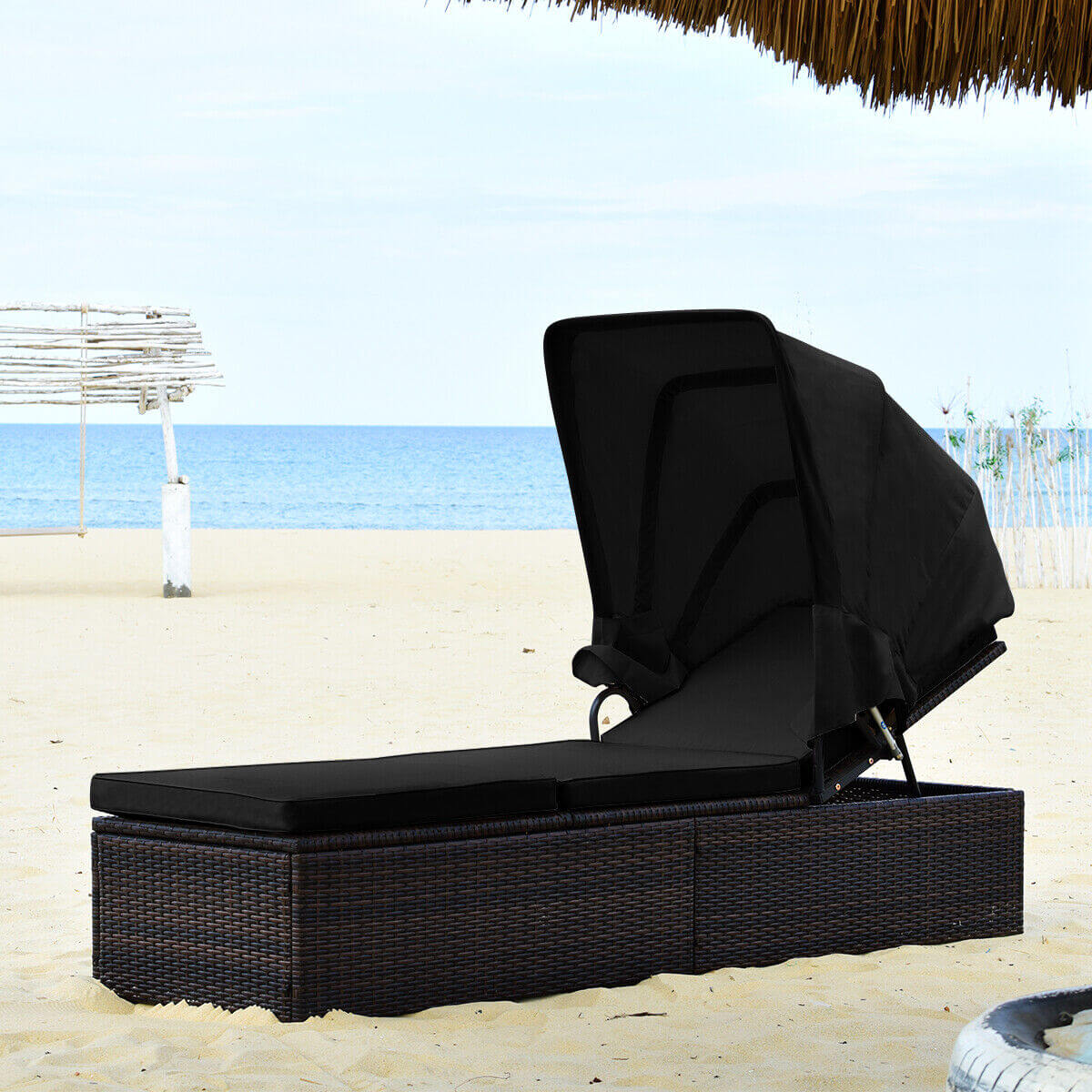 Outdoor Chaise Lounge with Canopy and Cushion