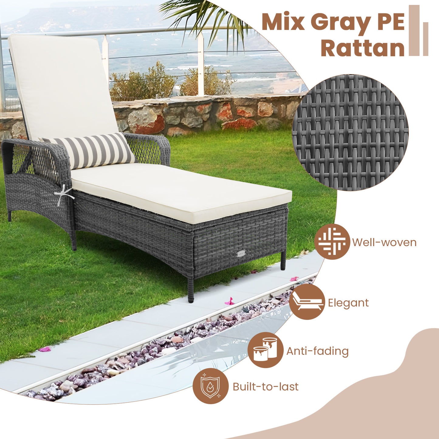 Outdoor Chaise Lounge Chair with 6-Position Adjustable Backrest