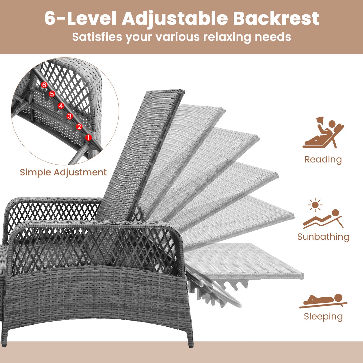 Outdoor Chaise Lounge Chair with 6-Position Adjustable Backrest