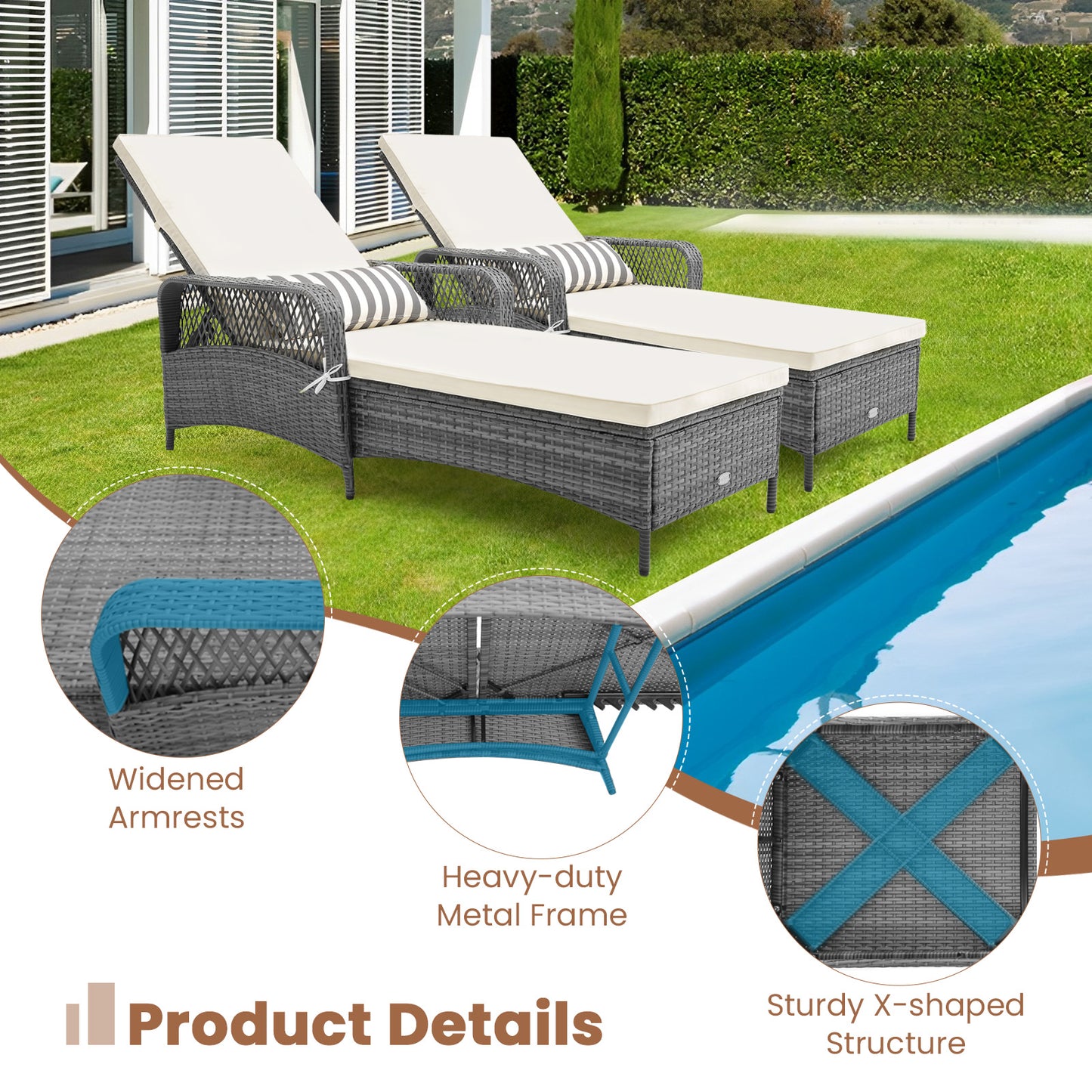 Outdoor Chaise Lounge Chair with 6-Position Adjustable Backrest