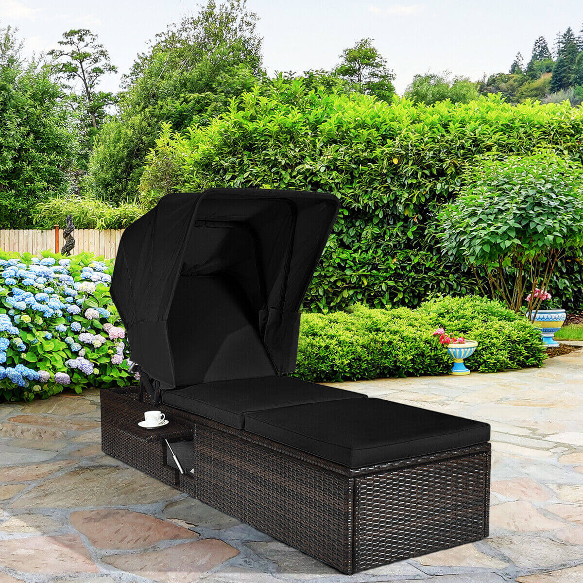 Outdoor Chaise Lounge with Canopy and Cushion